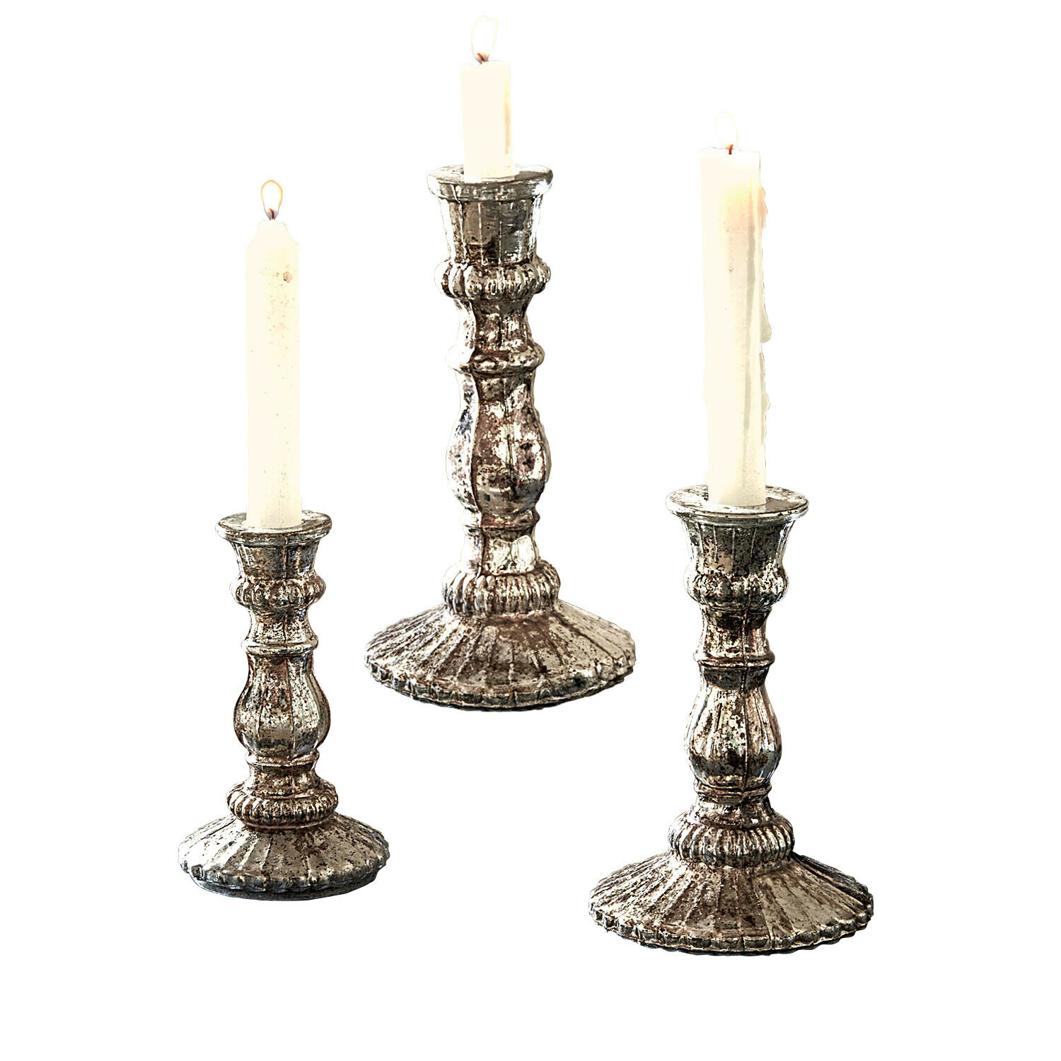 Lot de 3 bougeoirs Favalina Ensemble de trois bougeoirs en métal style vintage avec bougies blanches pour décoration intérieure