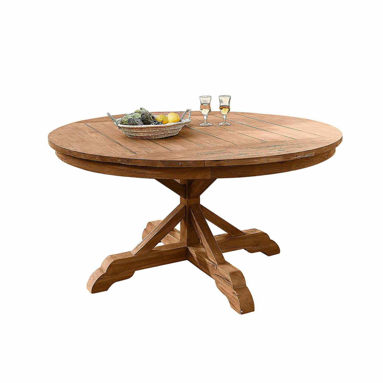 Table Wendreau Table ronde en bois couleur naturelle avec pied décoratif, parfaite pour salle à manger et salon