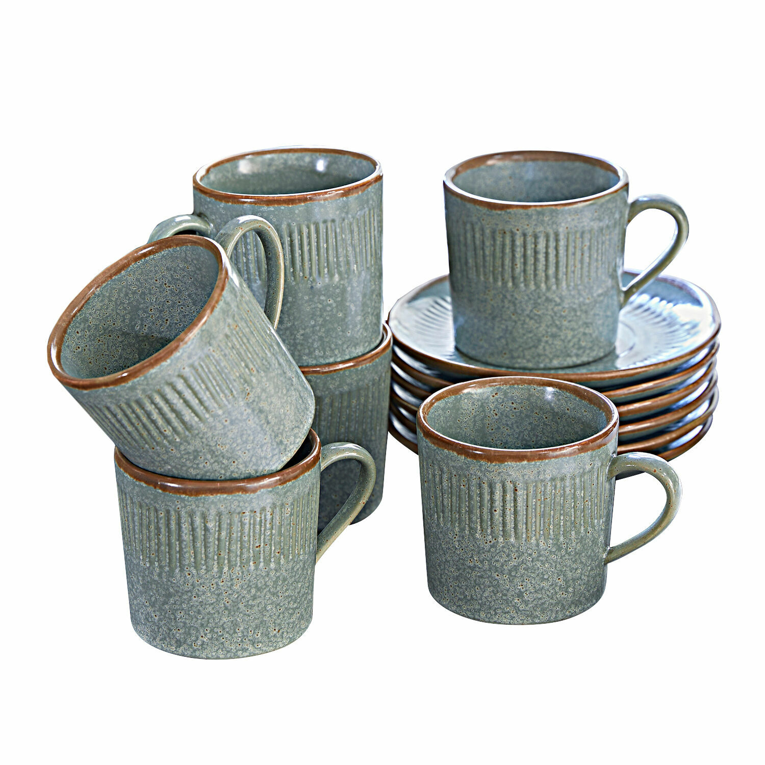 Kopje met schoteltje set van 6 Périers Set keramische mokken en schotels in grijsbruine kleur voor koffie of thee