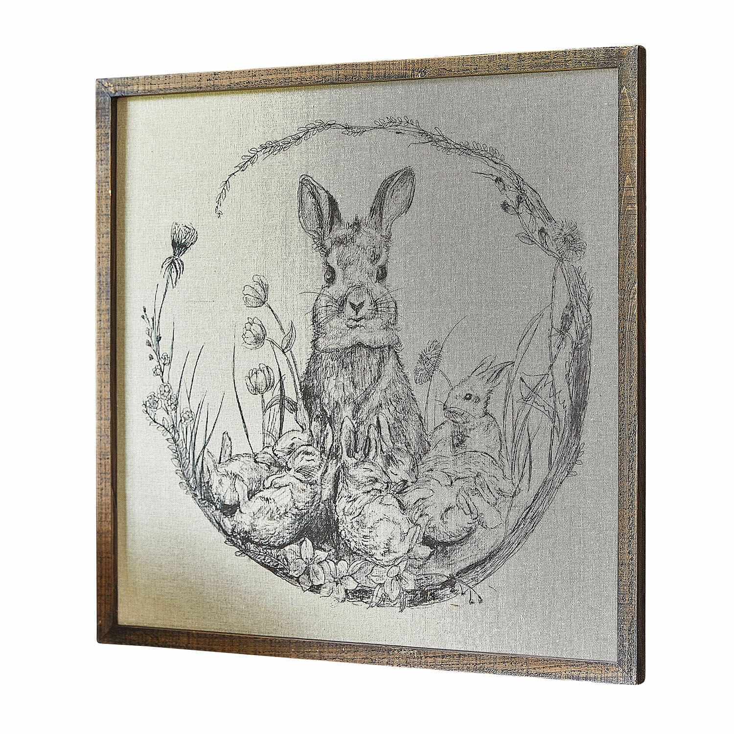 Decoratieve afbeelding Orolac Houten lijst met zwart-witte tekening van konijn en bloemen op decoratief linnen doek