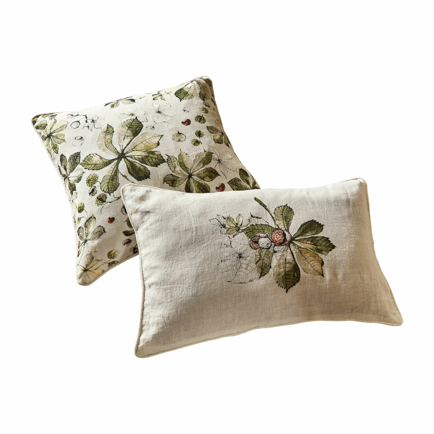 Kussenhoes set van 2 Elsie Set van twee crèmekleurige linnen sierkussens met groene bladeren en botanisch patroon