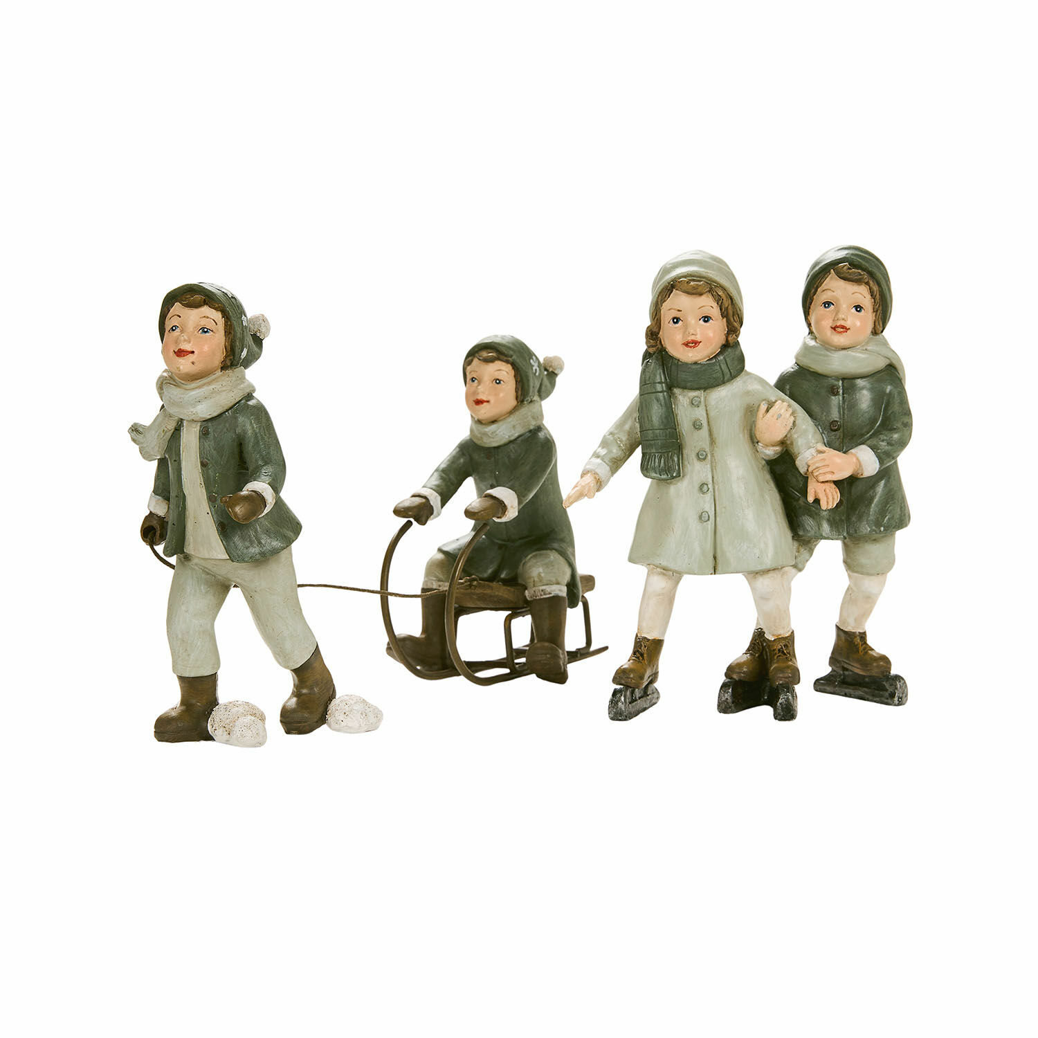 Lot de 2 figurines Andros Figurines d'enfants en vêtements d'hiver avec luge et patins, décoration hivernale vert et beige