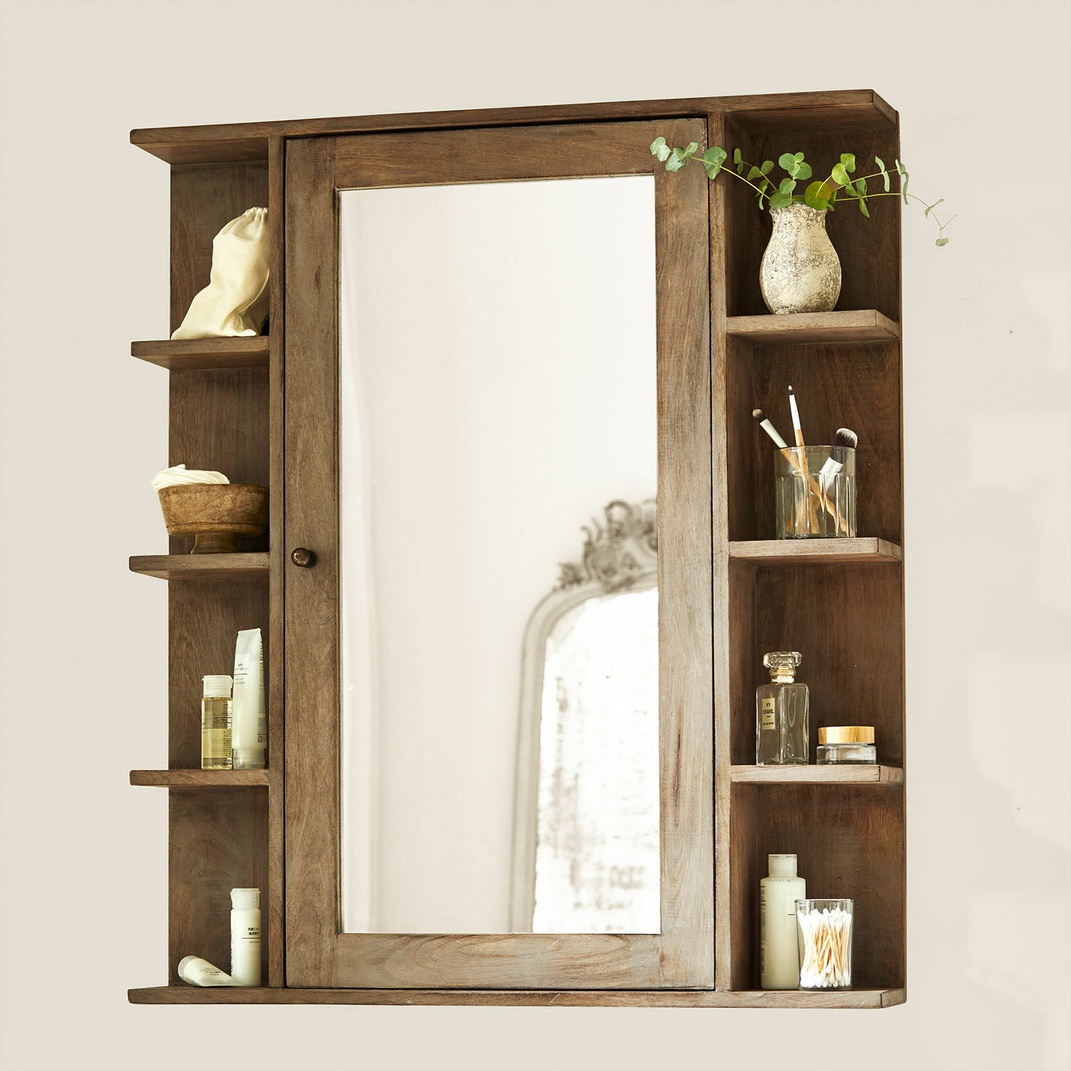 Spiegelkast Greenhaven Houten badkamerkast met spiegel en planken voor cosmetica in natuurlijke houtkleur
