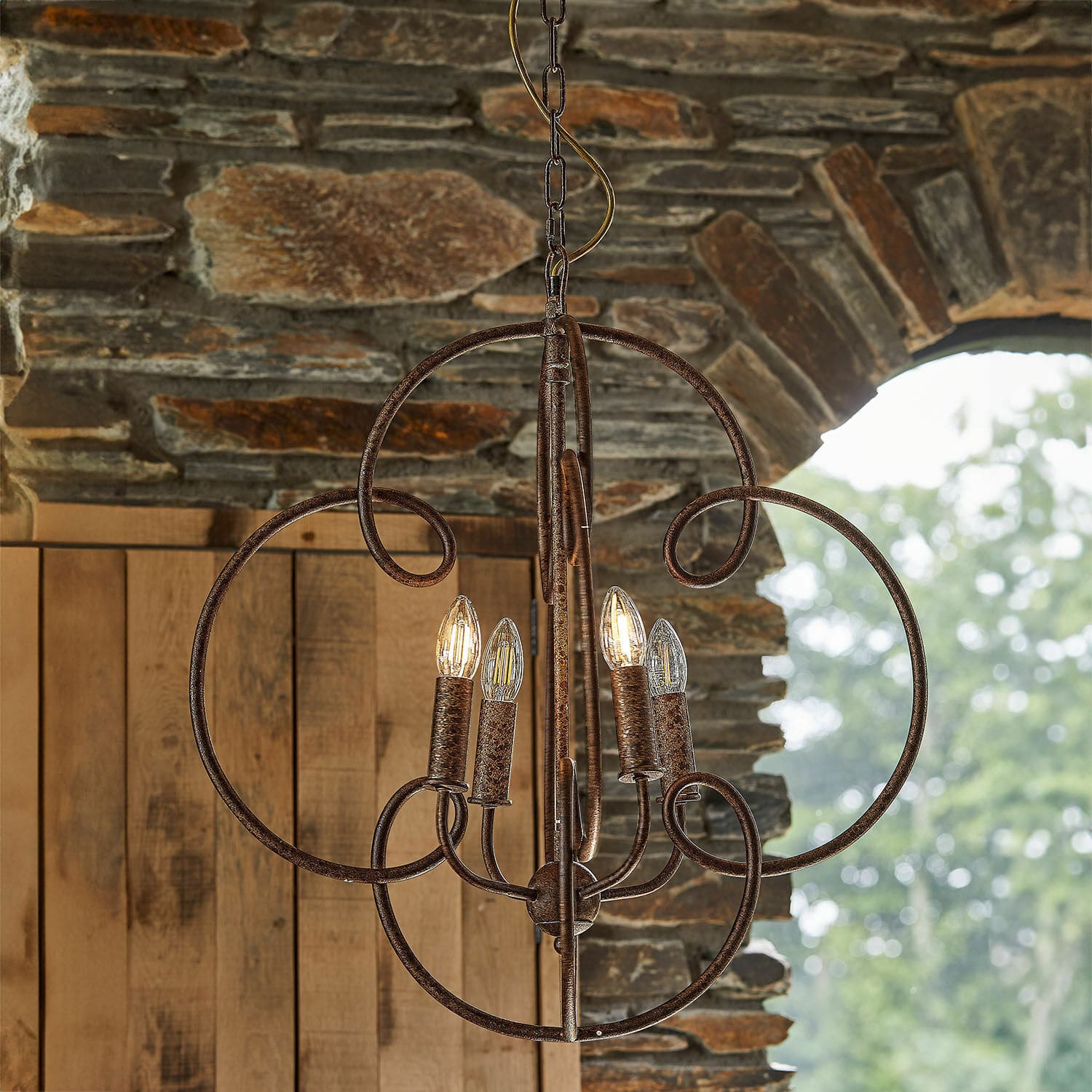 Kroonluchter Rahima Rustieke metalen hanglamp in bruine kleur met vier LED-lampen voor binnen en buiten