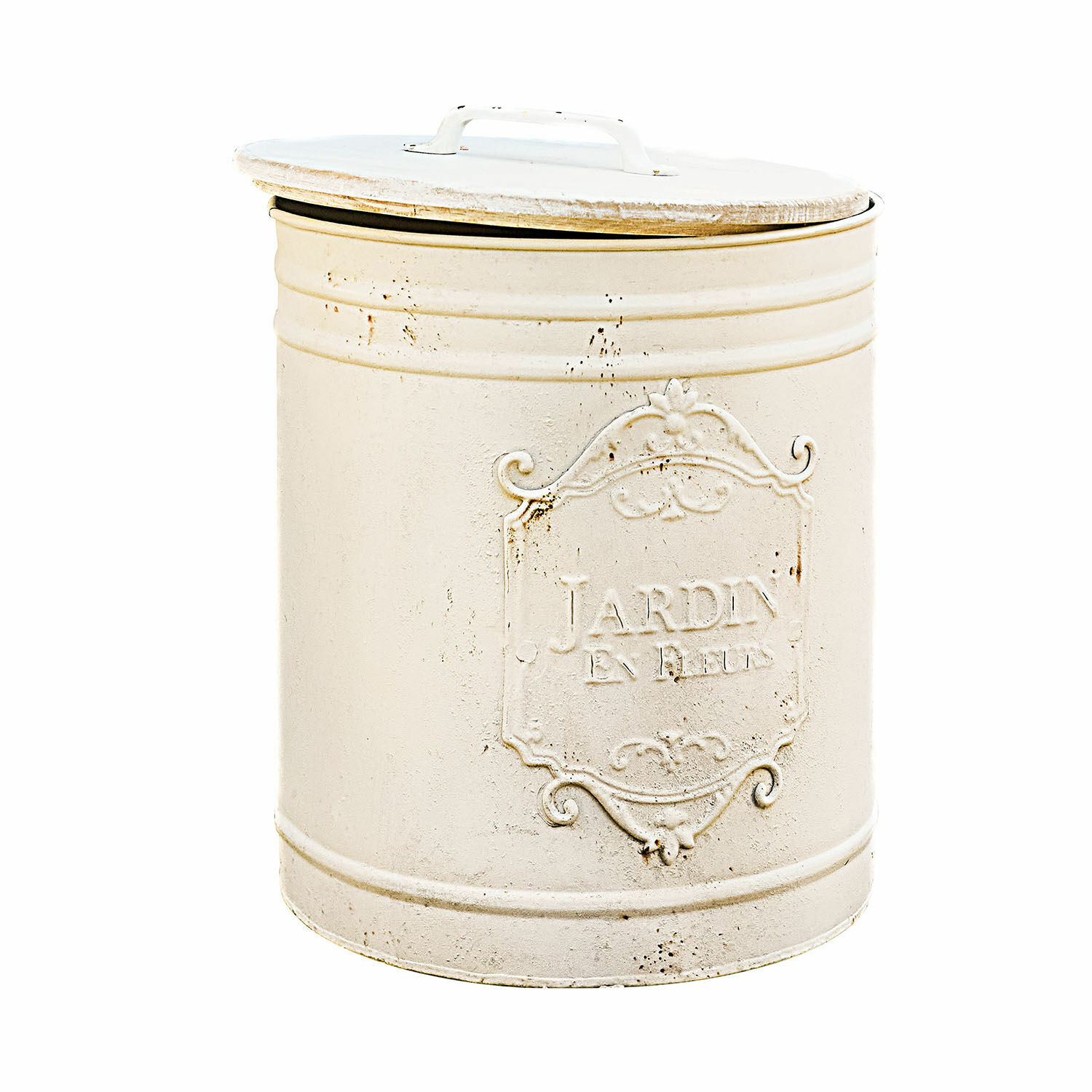 Poubelle Towson Boîte en métal vintage crème avec couvercle et inscription décorative Jardin en relief