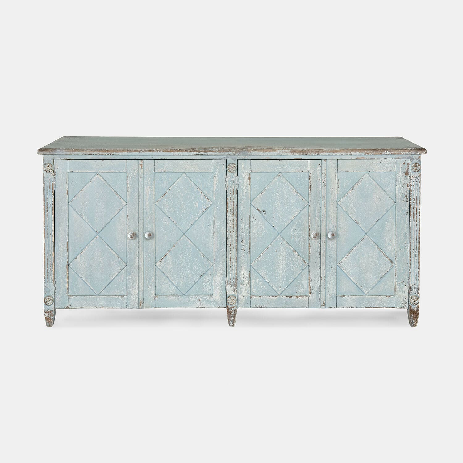 Lage kast Resplandor Blauwe houten dressoir met verweerd oppervlak en geometrisch patroon op de deuren