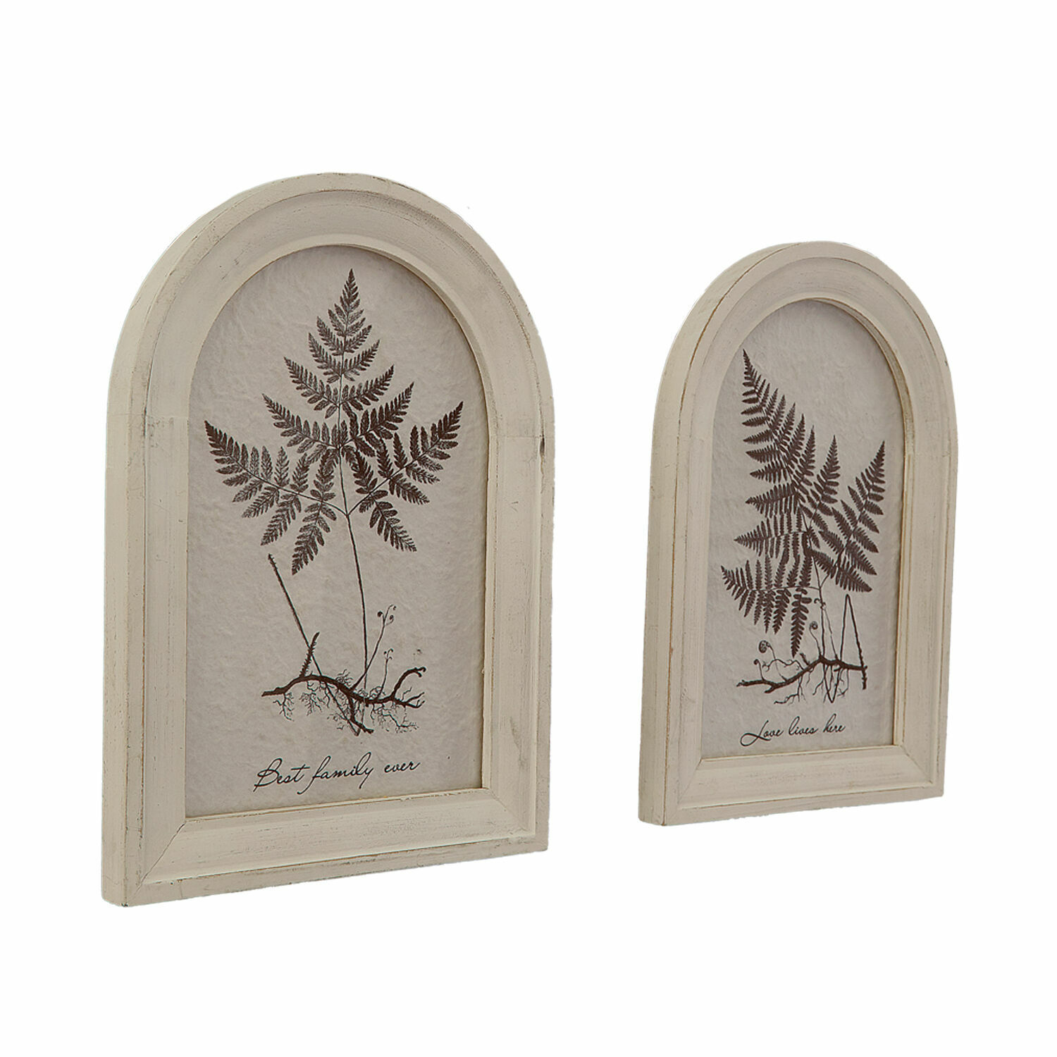 Afbeelding set van 2 Movirex Twee decoratieve houten lijsten in ecru met varenafbeelding en tekst, vintage wanddecoratie
