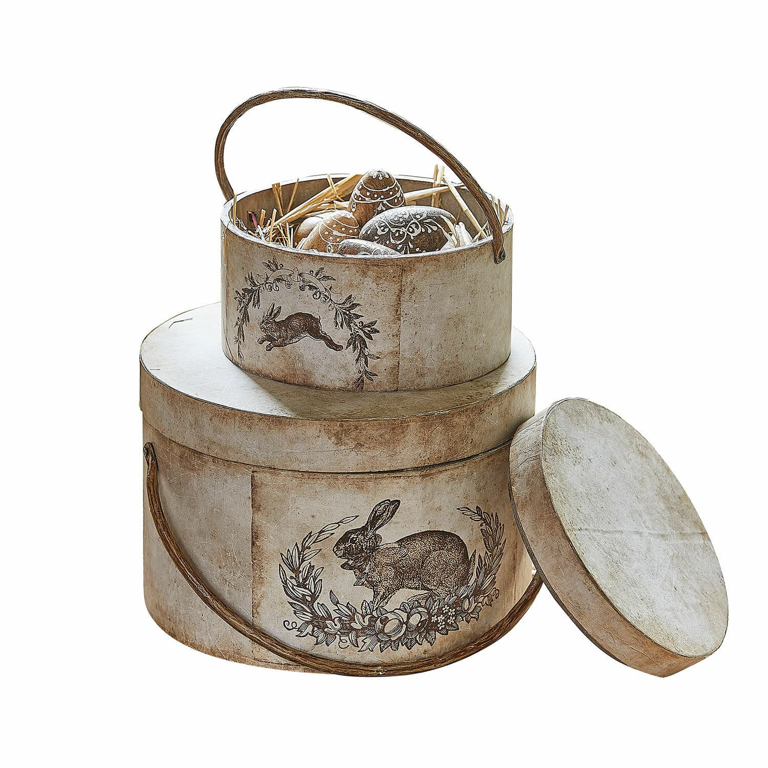 Box set van 2 Roxelle Ronde papieren dozen in beige met konijnenmotief en decoratieve paaseieren binnenin