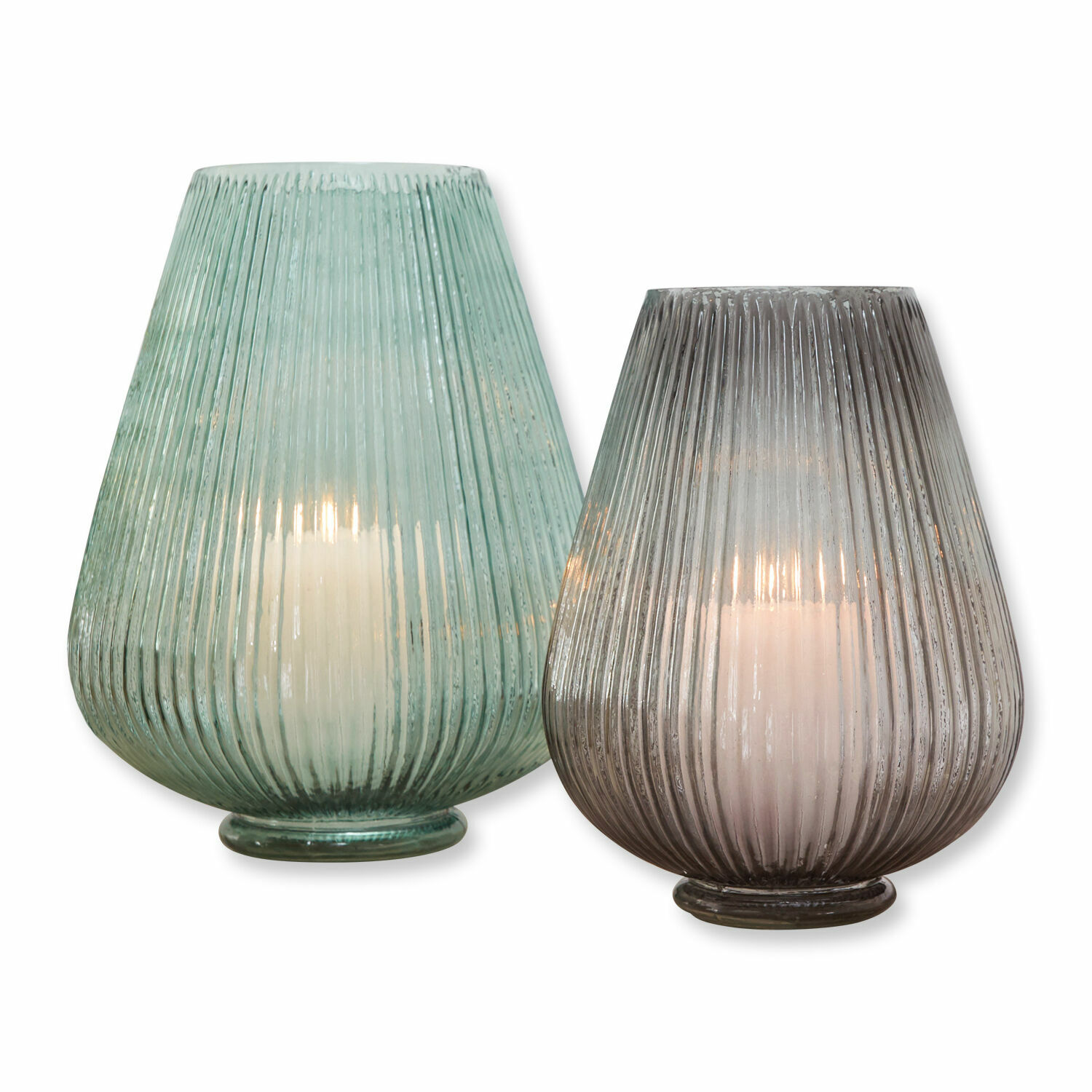 Vaas set van 2 Fenis Twee decoratieve glazen lantaarns in groen en grijs met witte kaarsen, stijlvolle interieurdecoratie