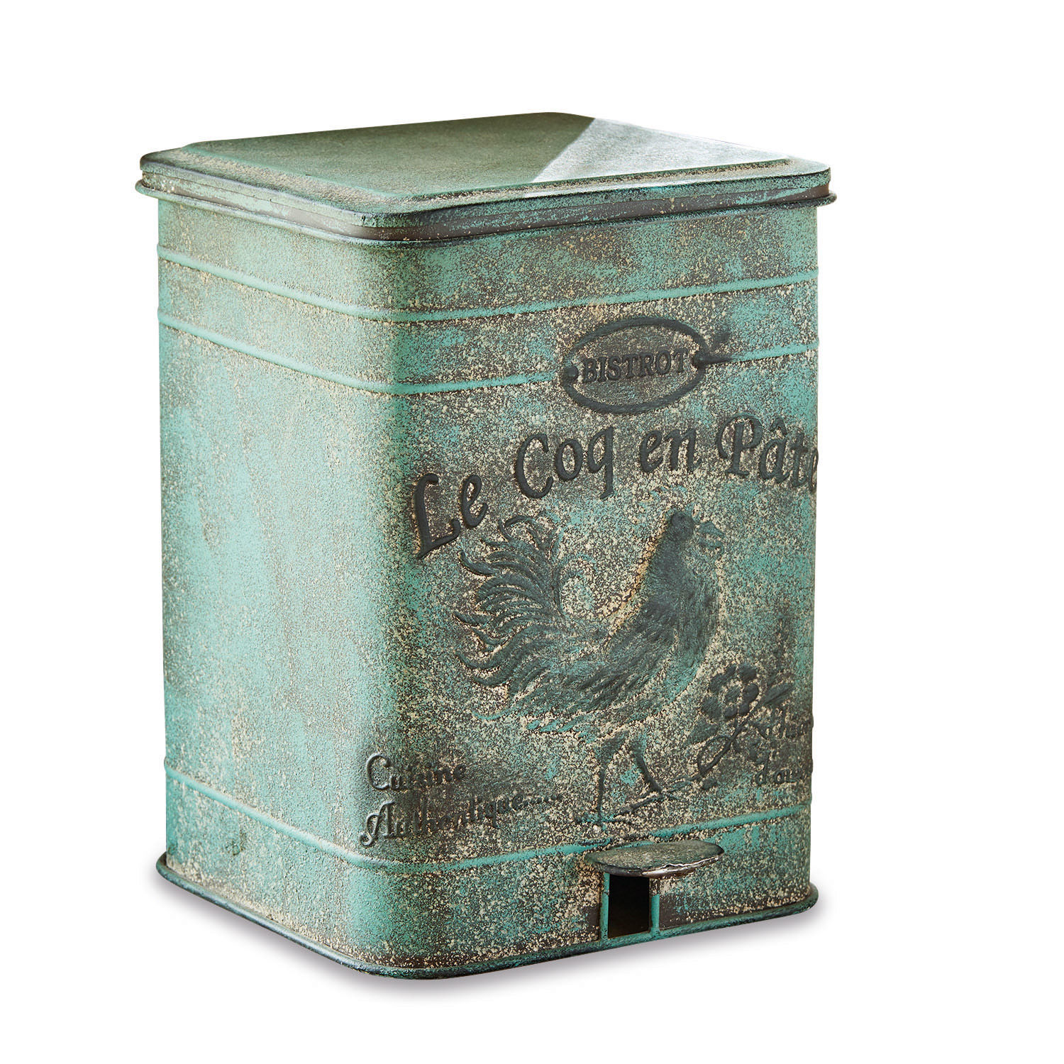 Poubelle Kora Poubelle en métal vintage vert patiné avec motif coq, style bistrot rustique pour cuisine