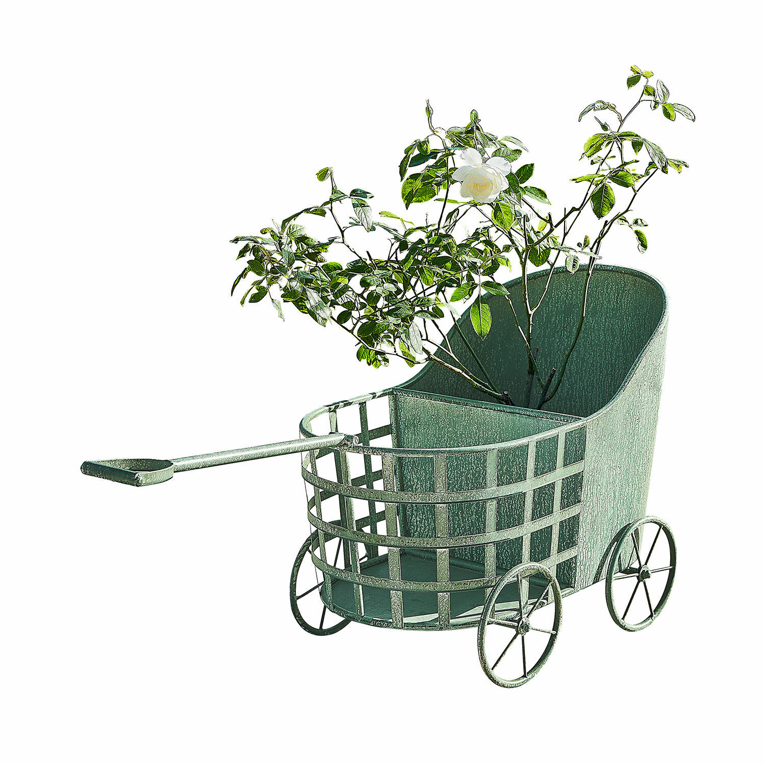 Jardinière Pavignac Chariot de jardin vert en métal avec fleur blanche, décoration intérieure et extérieure