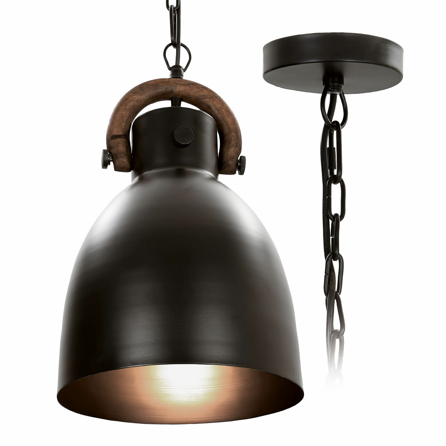 Hanglamp Walcote Zwarte metalen hanglamp met houten handvat en ketting, industriële stijl verlichting