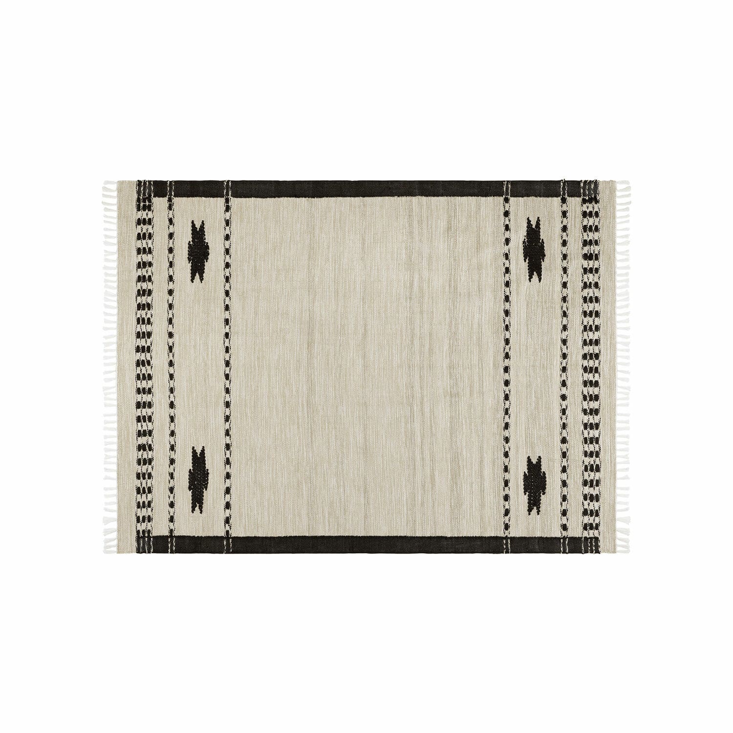 In- & outdoor vloerkleed Moorna Beige katoenen vloerkleed met zwart geometrisch patroon en franjes, decoratief vloerkleed
