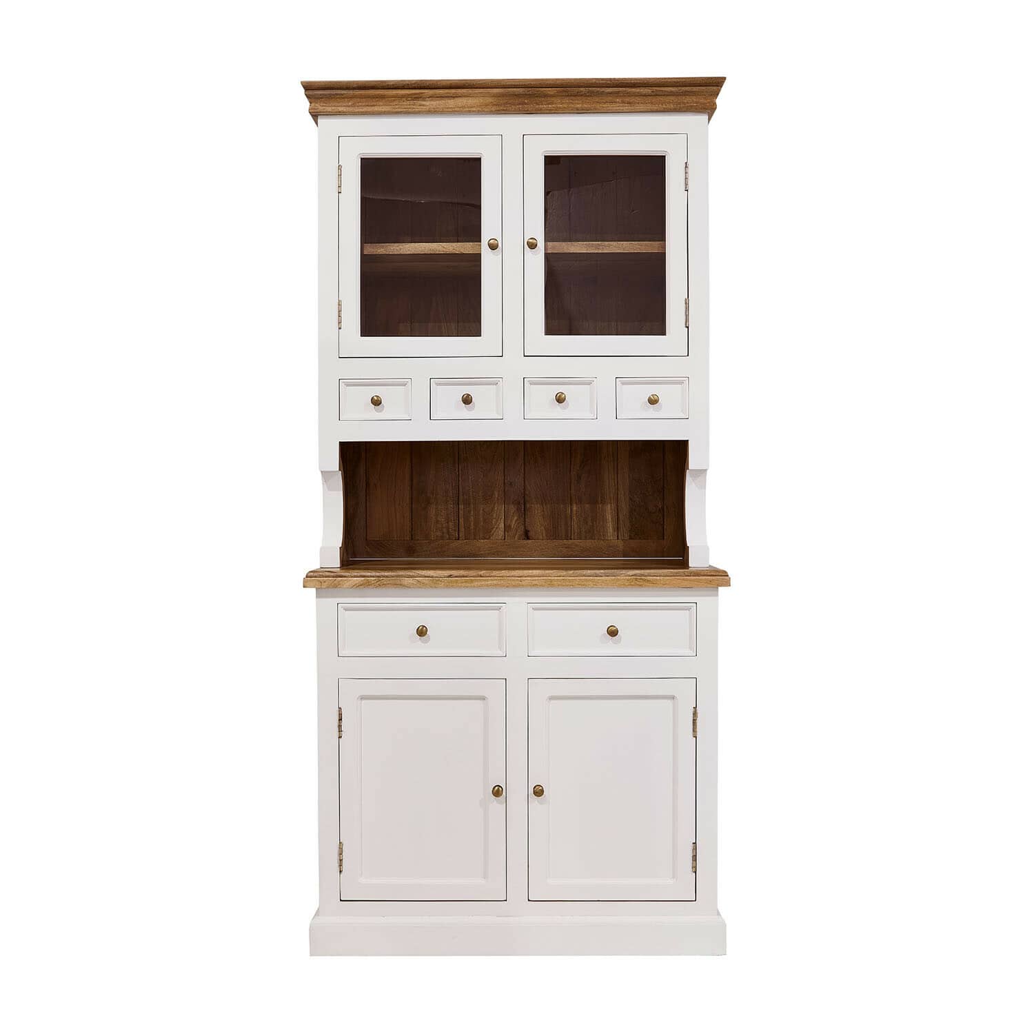 Buffet Kenwick Buffet en bois blanc avec tiroirs et portes vitrées, plateau et intérieur en bois naturel