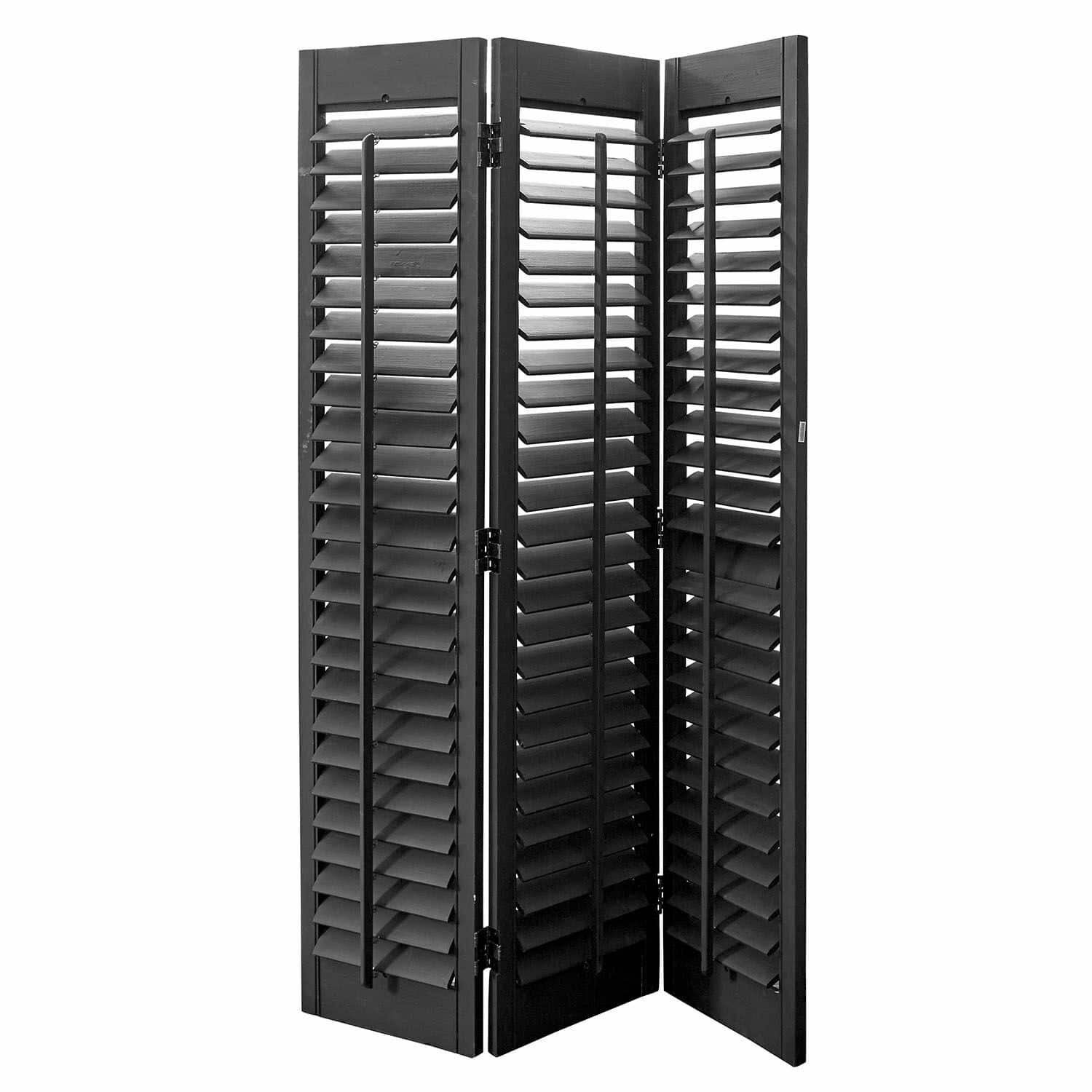 Roomdivider Ventura Zwarte houten kamerscherm met drie panelen en verstelbare lamellen voor decoratie en privacy