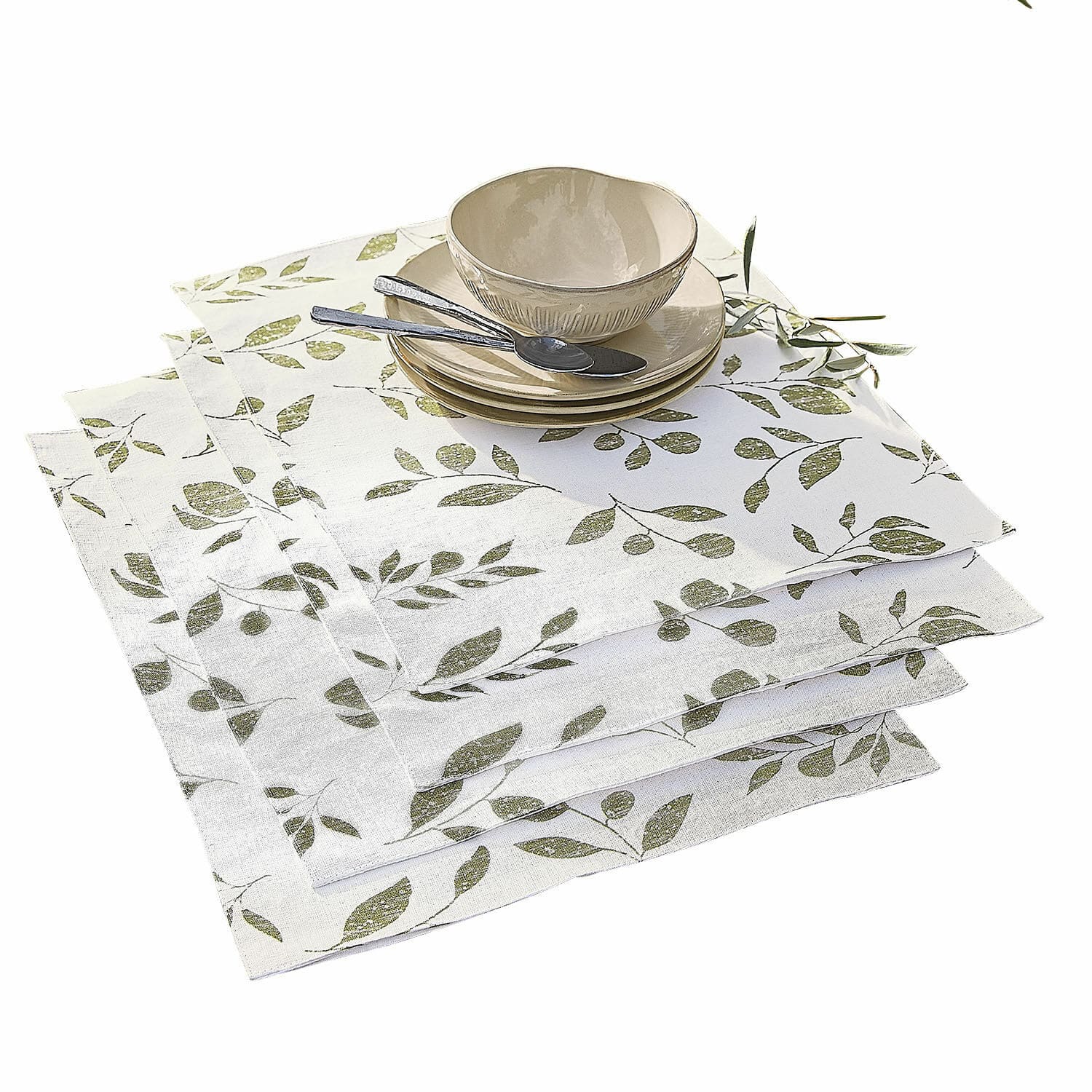 Lot de 4 sets de table Klivento Serviettes en lin blanc avec motif de feuilles vertes, décoration de table élégante