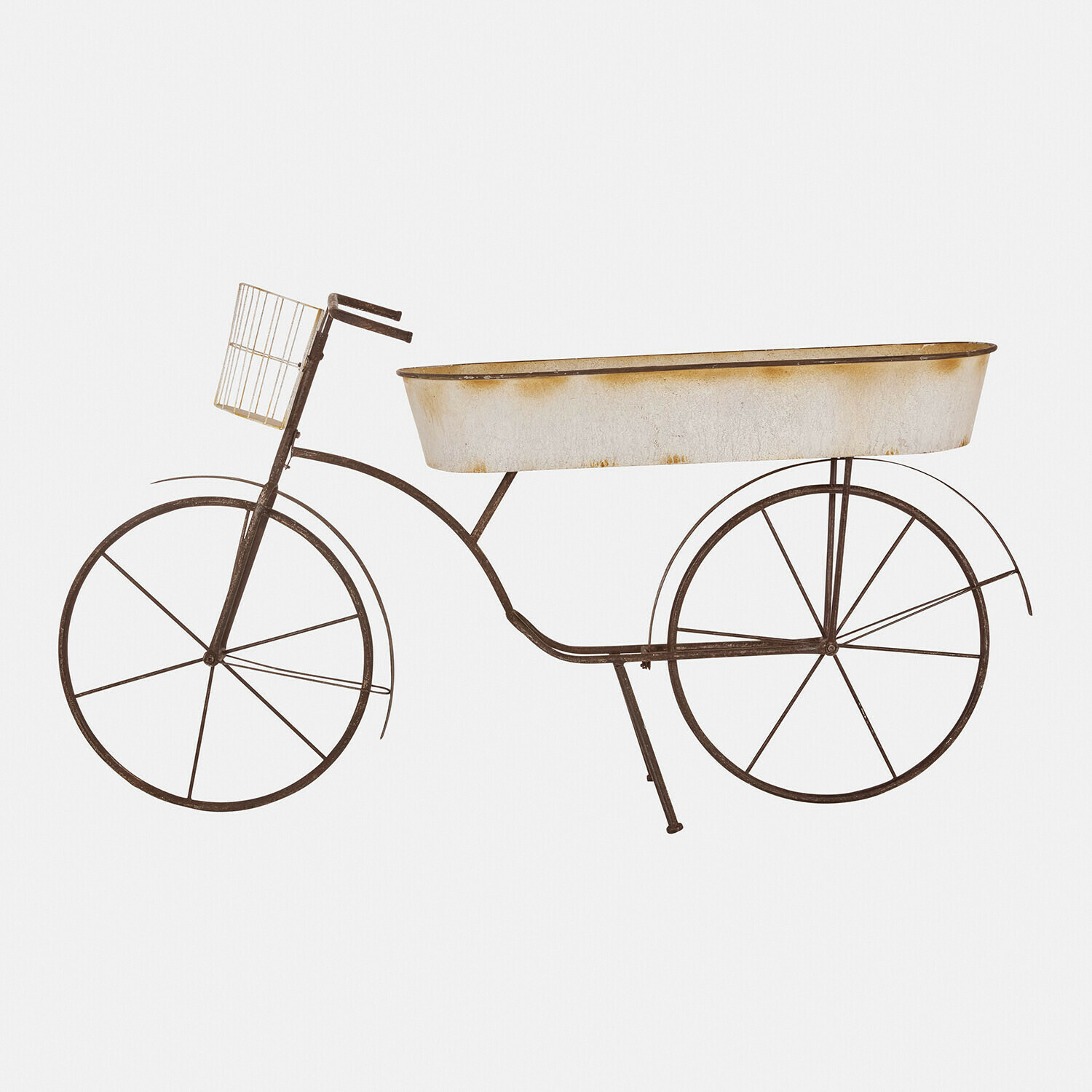 Plantentafel Donnérie Decoratieve metalen fiets met witte verouderde bak in het midden, rustieke stijl
