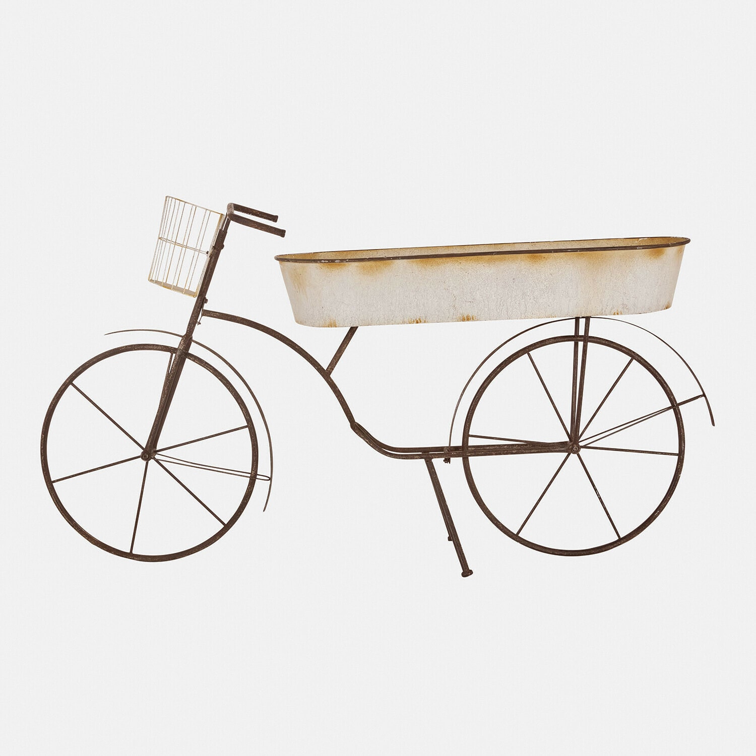 Plantentafel Donnérie Decoratieve metalen fiets met witte verouderde bak in het midden, rustieke stijl