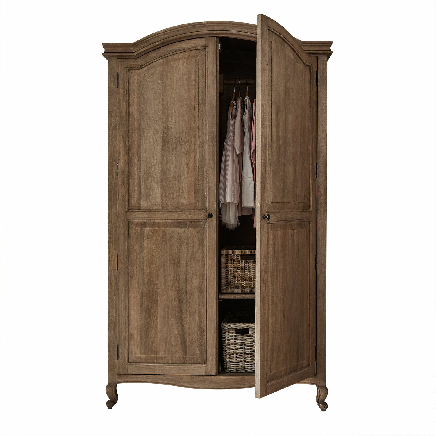 Armoire Éveilou Armoire en bois brun naturel avec portes arrondies, vêtements suspendus et paniers de rangement