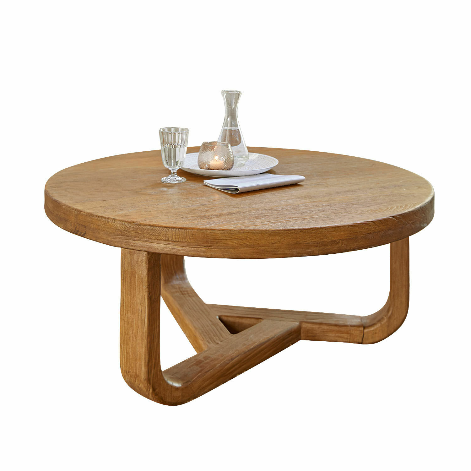 Salontafel Trésorique Ronde salontafel van natuurlijk eikenhout met modern houten onderstel