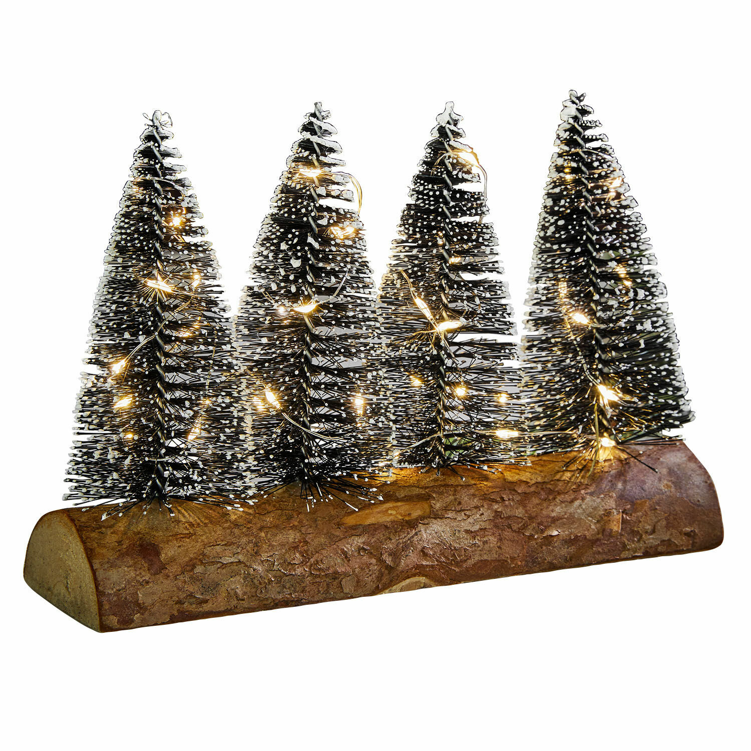 Ledsierboompjes Grimstad Kerstdecoratie met vier zwarte boompjes op houten voet met warme LED-verlichting