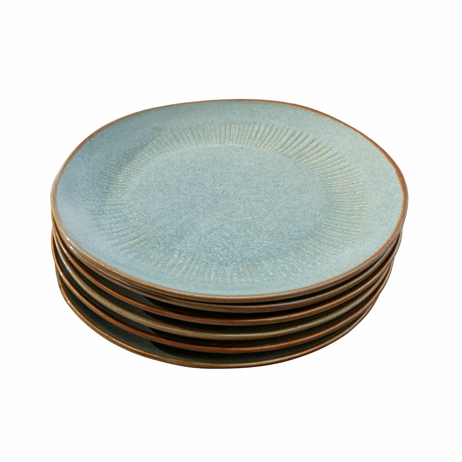 Set van 6 keramische borden in turquoise en bruin met textuur en rustieke afwerking