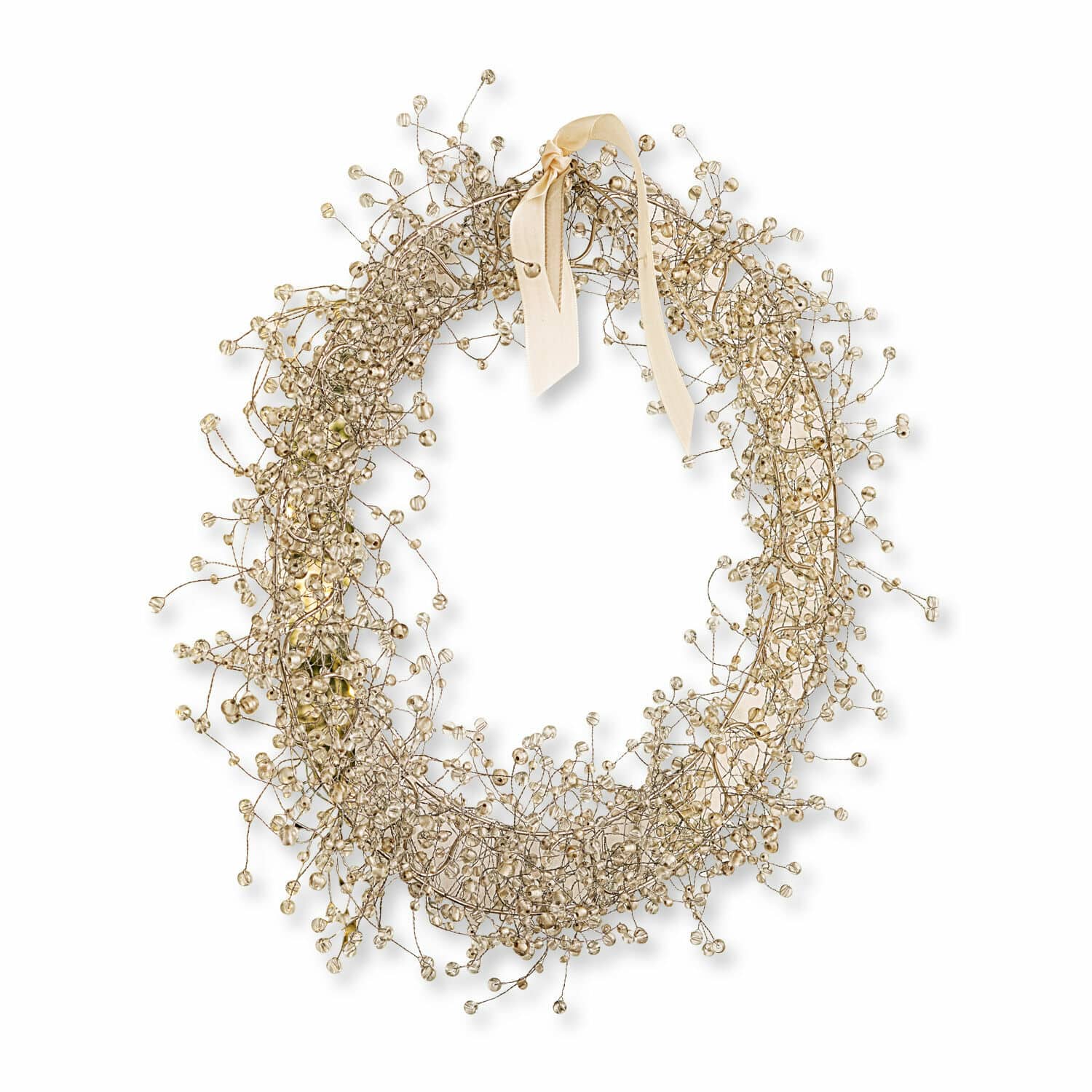 Krans Ebyin Delicate decoratieve krans van gouden draad en kleine bolletjes met crèmekleurig lint