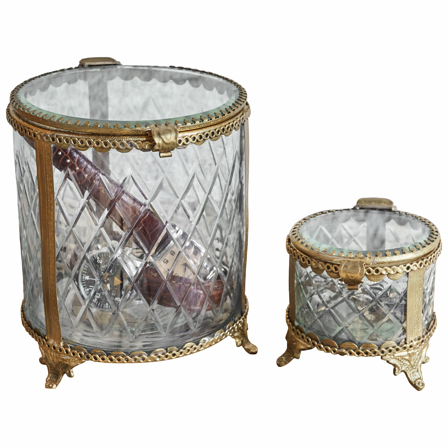 Pot set van 2 Svelteque Set van twee glazen potten met messing versiering en pootjes, decoratieve organizer