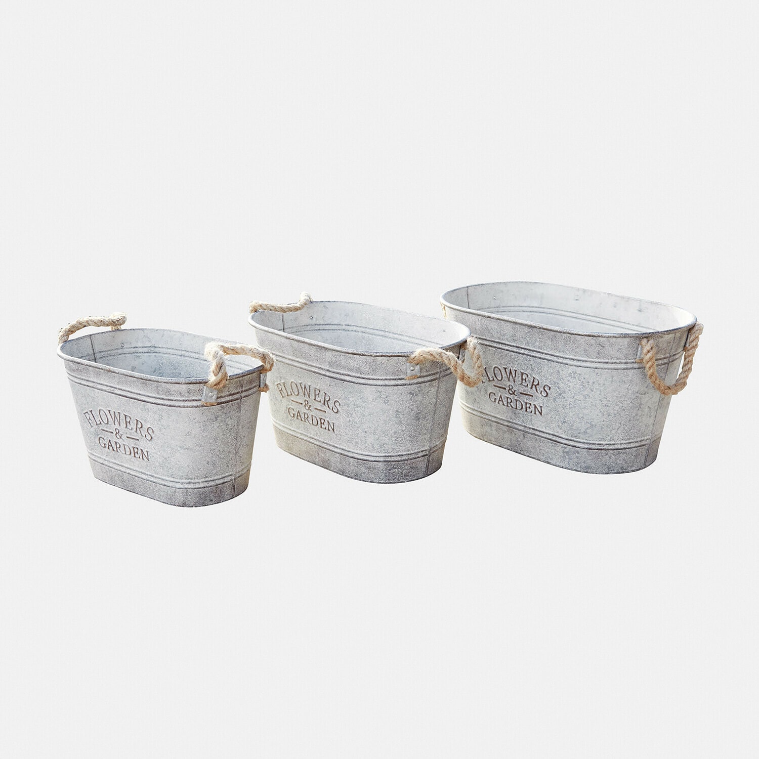Lot de 3 cache-pots Merrin Ensemble de trois bacs en métal gris avec poignées en corde pour fleurs et jardinage