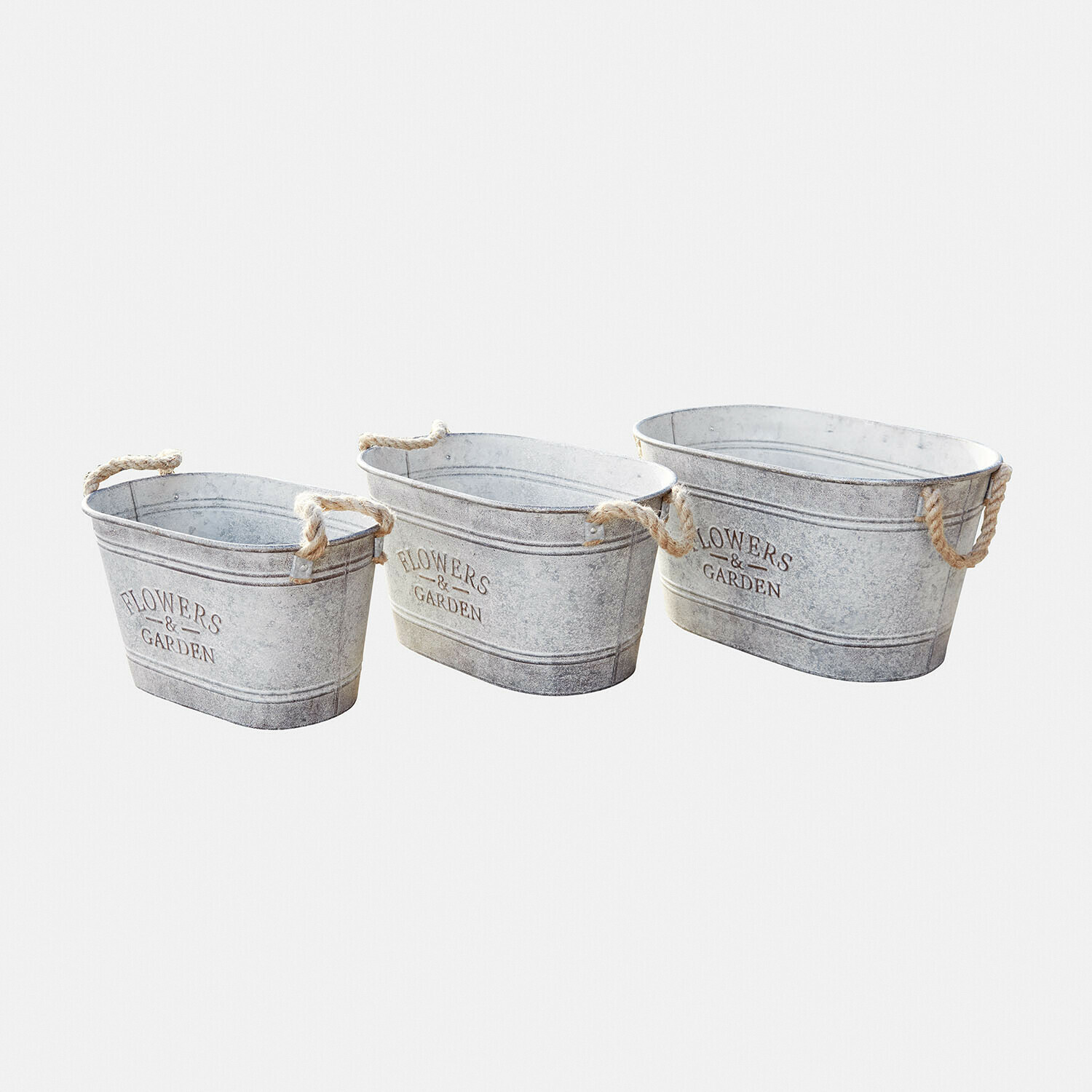 Sierpot set van 3 Merrin Set van drie grijze metalen bloembakken met touwhandvatten voor tuin en bloemen