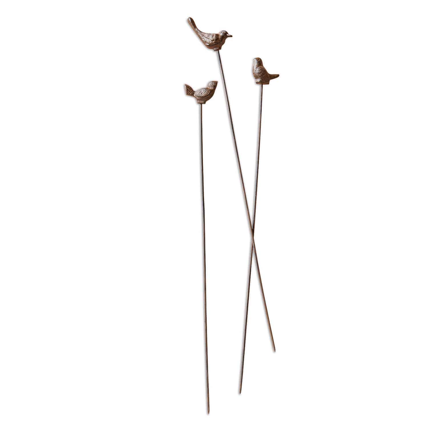 Tuinsteker set van 3 Laver Decoratieve metalen stokken met bruine vogeltjes voor tuin of potten