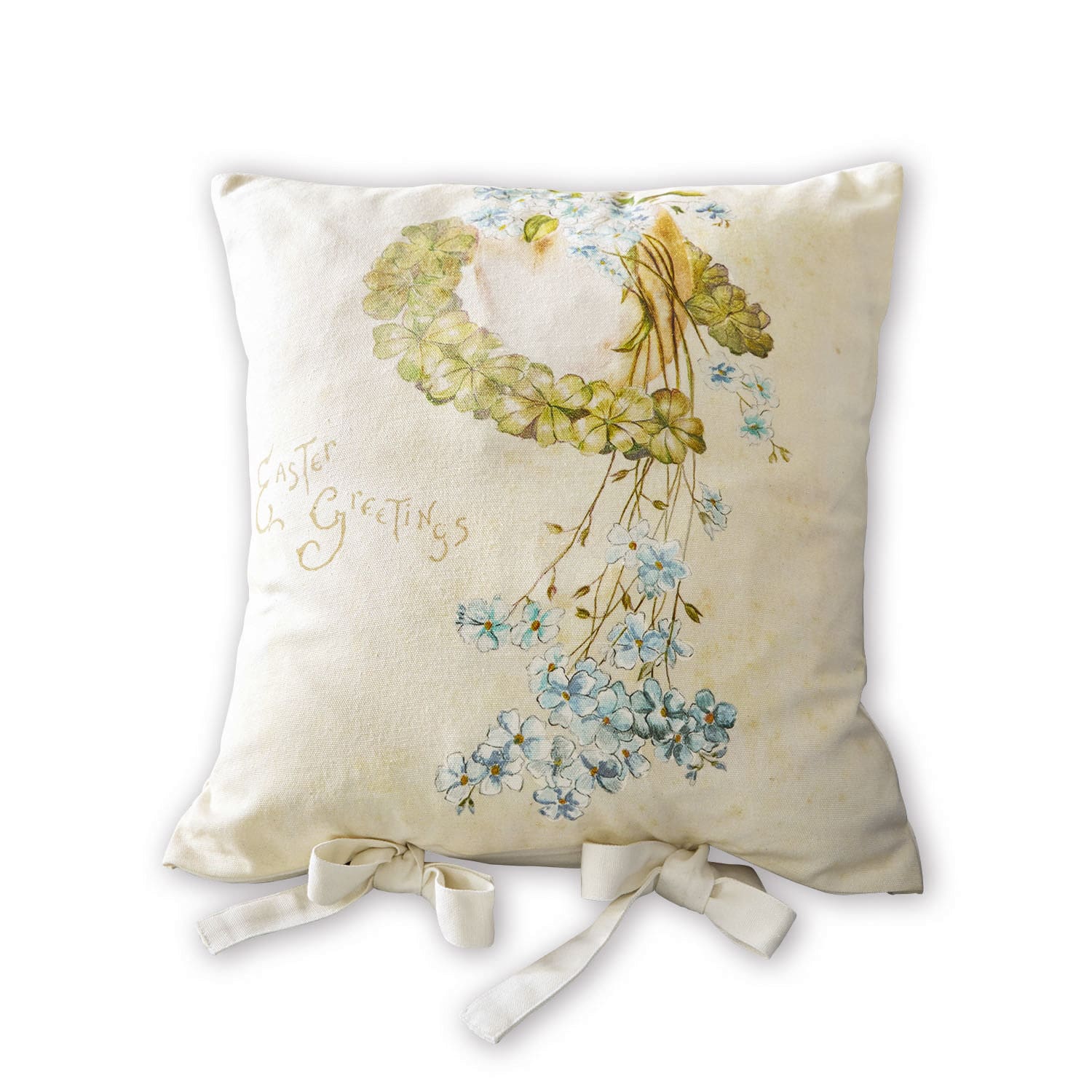 Coussin beige en coton avec motif floral et inscription Easter Greetings, décoration vintage pour intérieur cosy