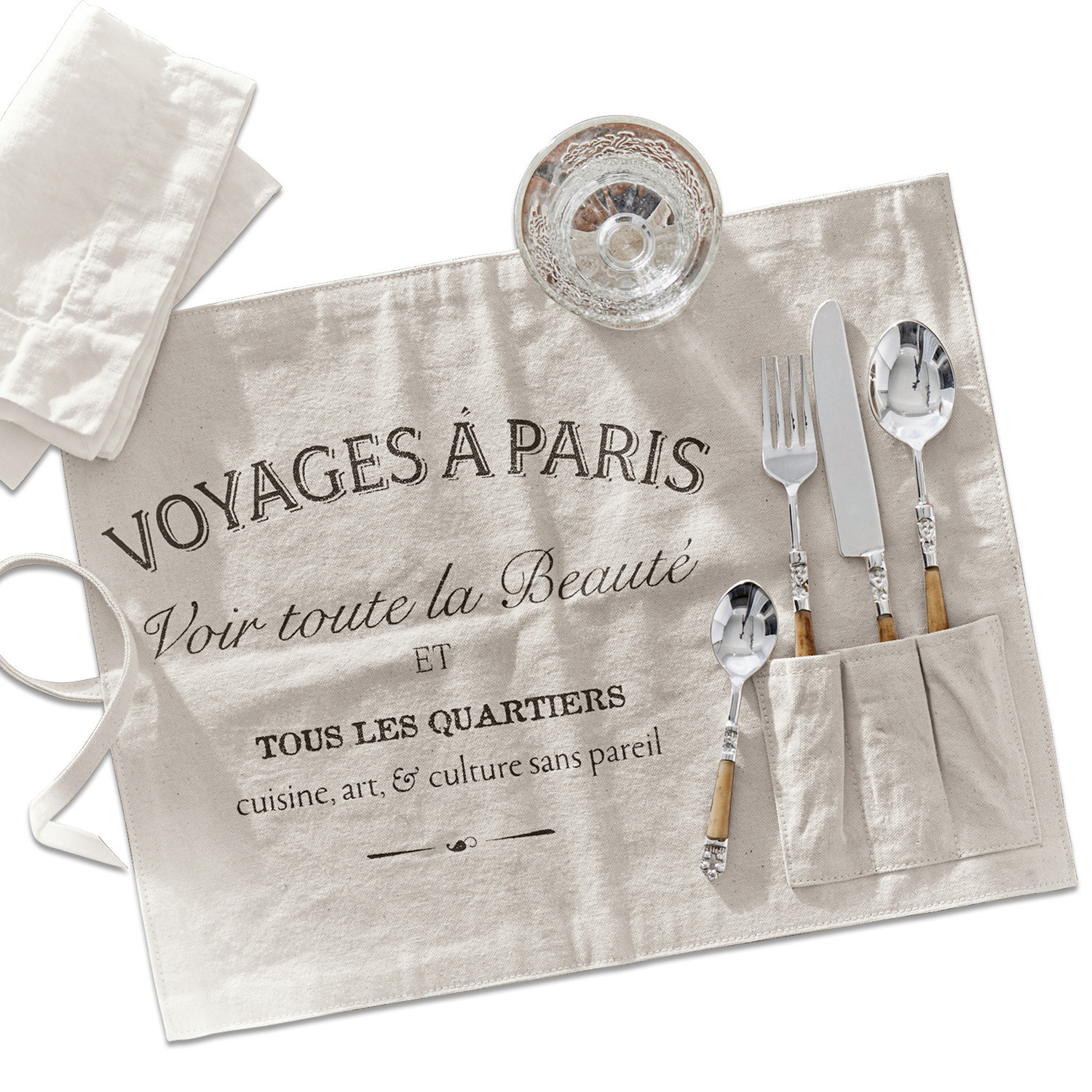 Lot de 2 sets de table Voyage Tablier de cuisine en lin beige avec impression française et poches pour couverts, style rustique