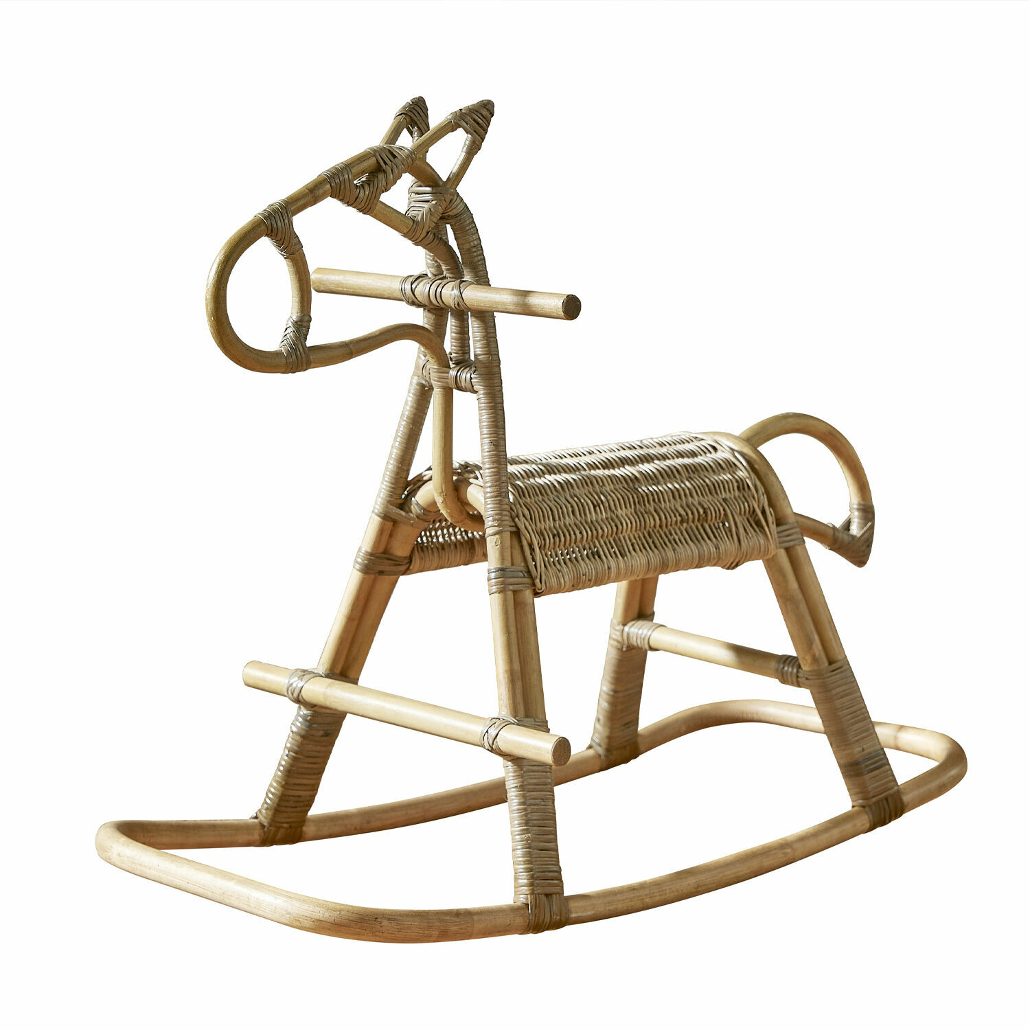 Hobbelpaard Wendeline Kinderschommelpaard van natuurlijk beige rotan, klassiek speelgoed voor kinderkamer