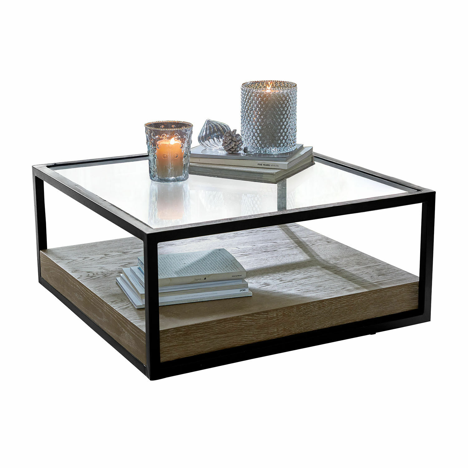 Salontafel Westvale Vierkante salontafel met zwart metalen frame, houten plank en glazen blad, modern design