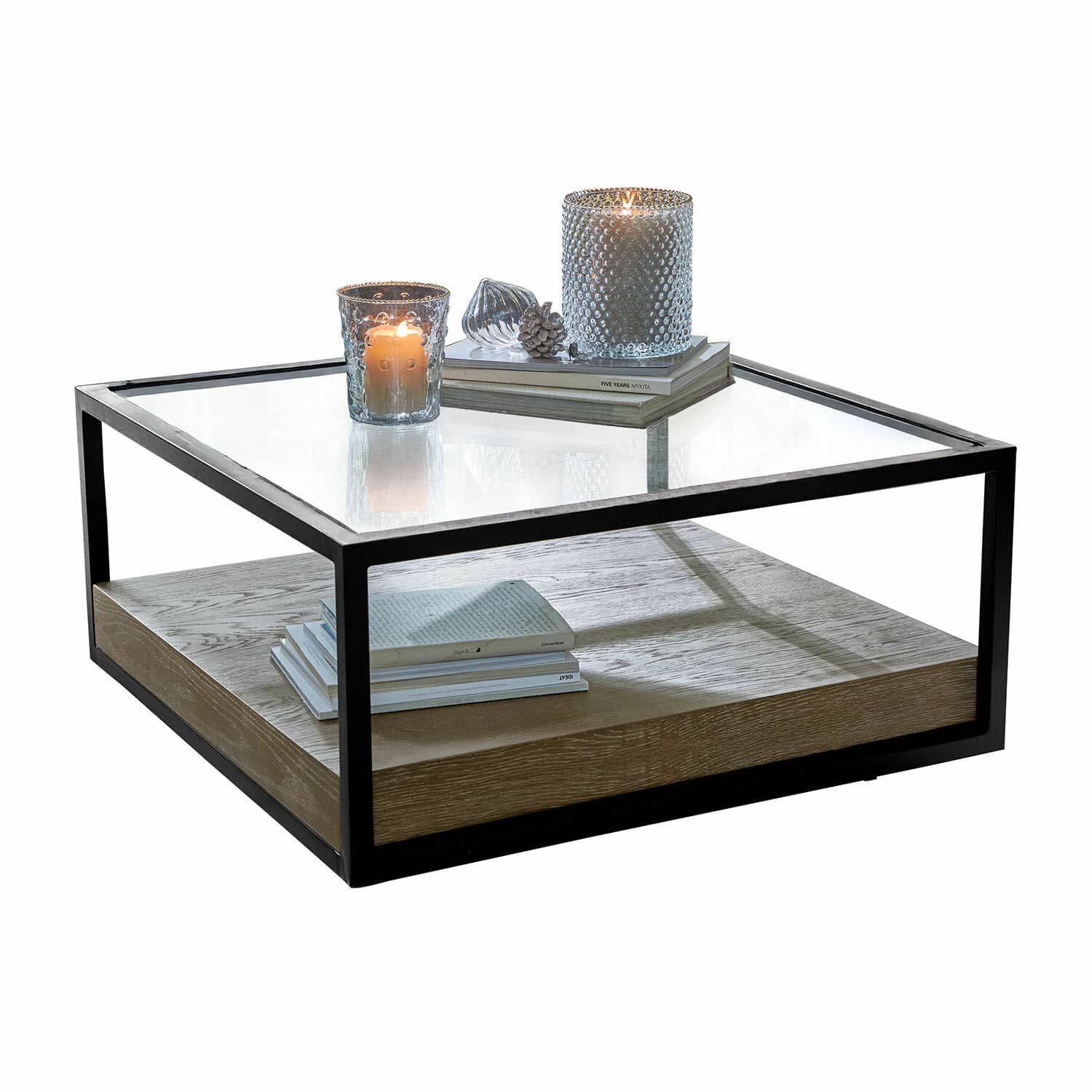 Salontafel Westvale Vierkante salontafel met zwart metalen frame, houten plank en glazen blad, modern design