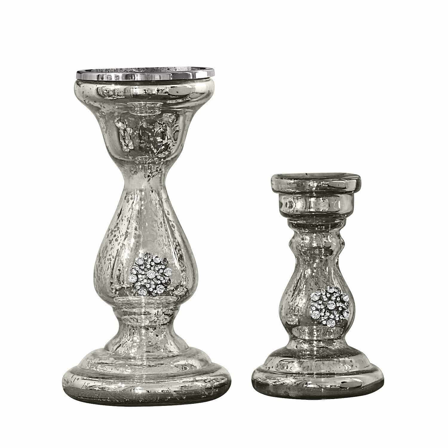 Kandelaar set van 2 Lysiane Set van twee zilverkleurige glazen kandelaars met decoratieve kristallen voor interieurdecoratie