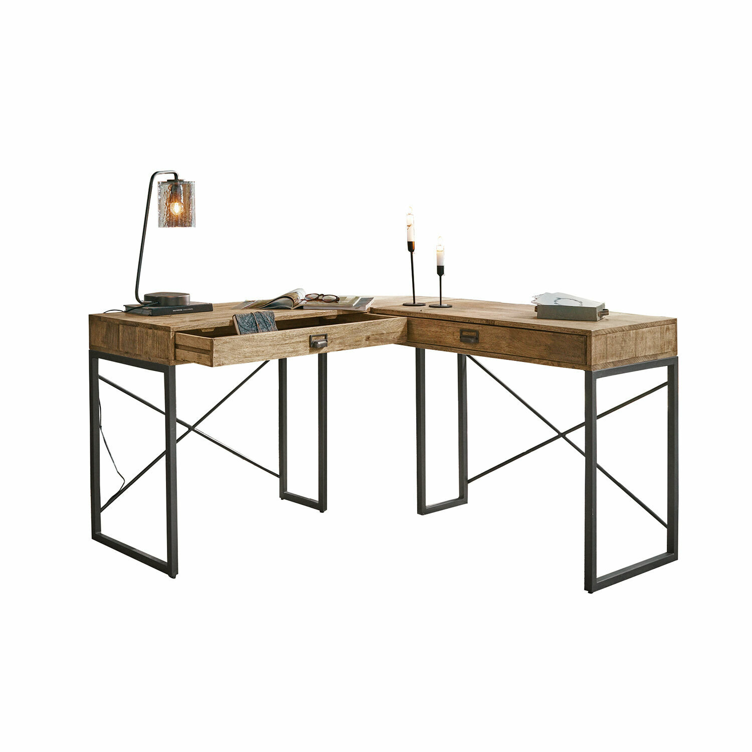 Bureau Lemuel Bureau d'angle en bois de manguier naturel et métal noir pour un espace de travail moderne