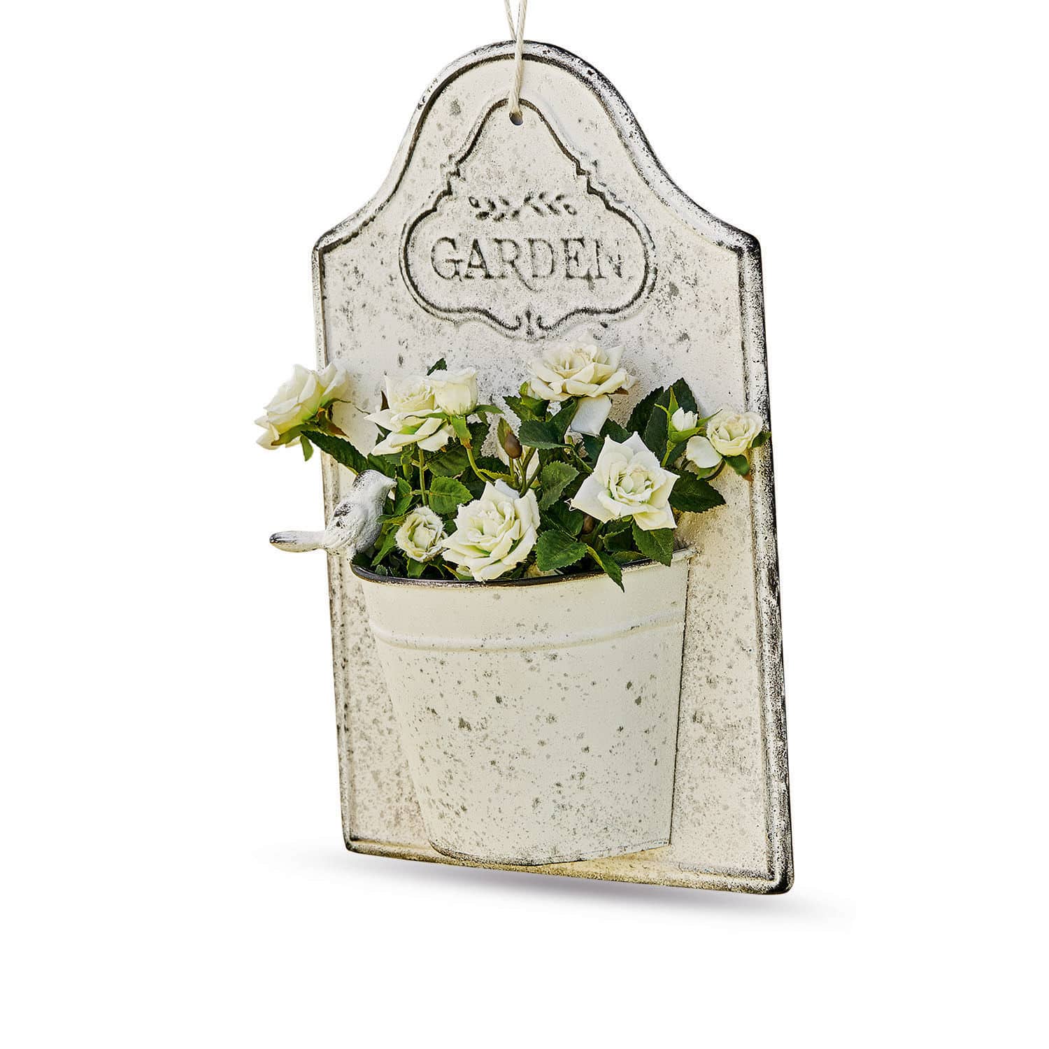 Wandplantenbak Helsa Vintage metalen wanddecoratie met witte rozen en tekst Garden voor tuin