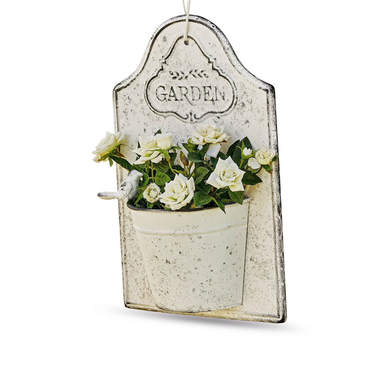 Wandplantenbak Helsa Vintage metalen wanddecoratie met witte rozen en tekst Garden voor tuin