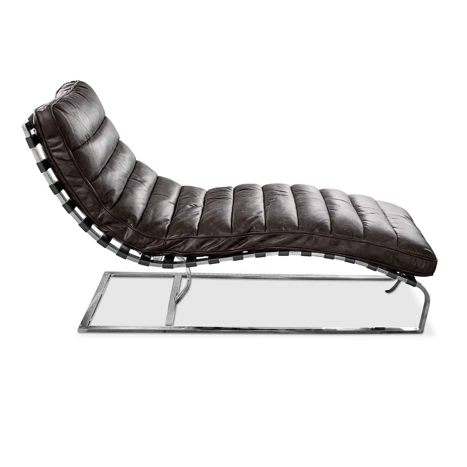 Chaise longue Van Buren en cuir noir et acier argenté, meuble confortable pour la détente