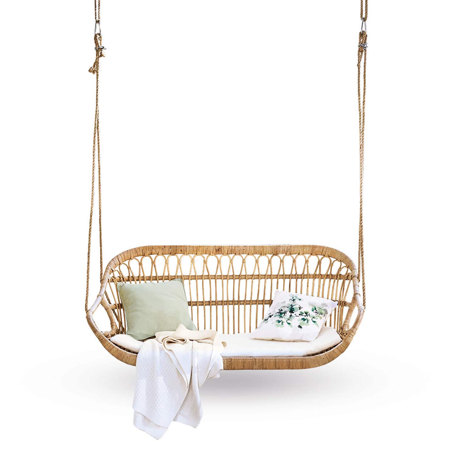 Banc suspendu William Balançoire en rotin naturel avec coussins et couverture, mobilier de jardin confortable pour détente