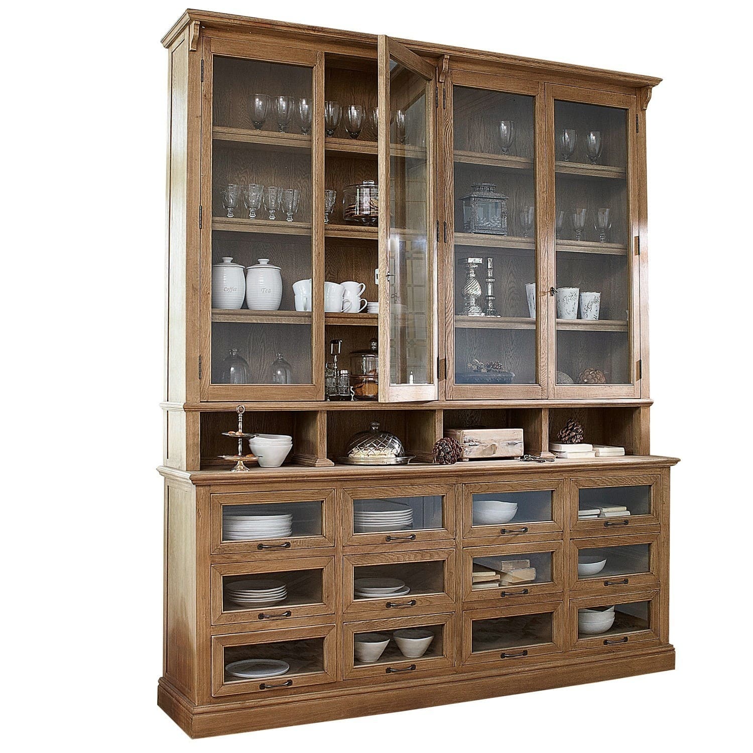 Buffetkast Juillac Grote houten vitrinekast met glazen deuren en lades voor servies en decoratie