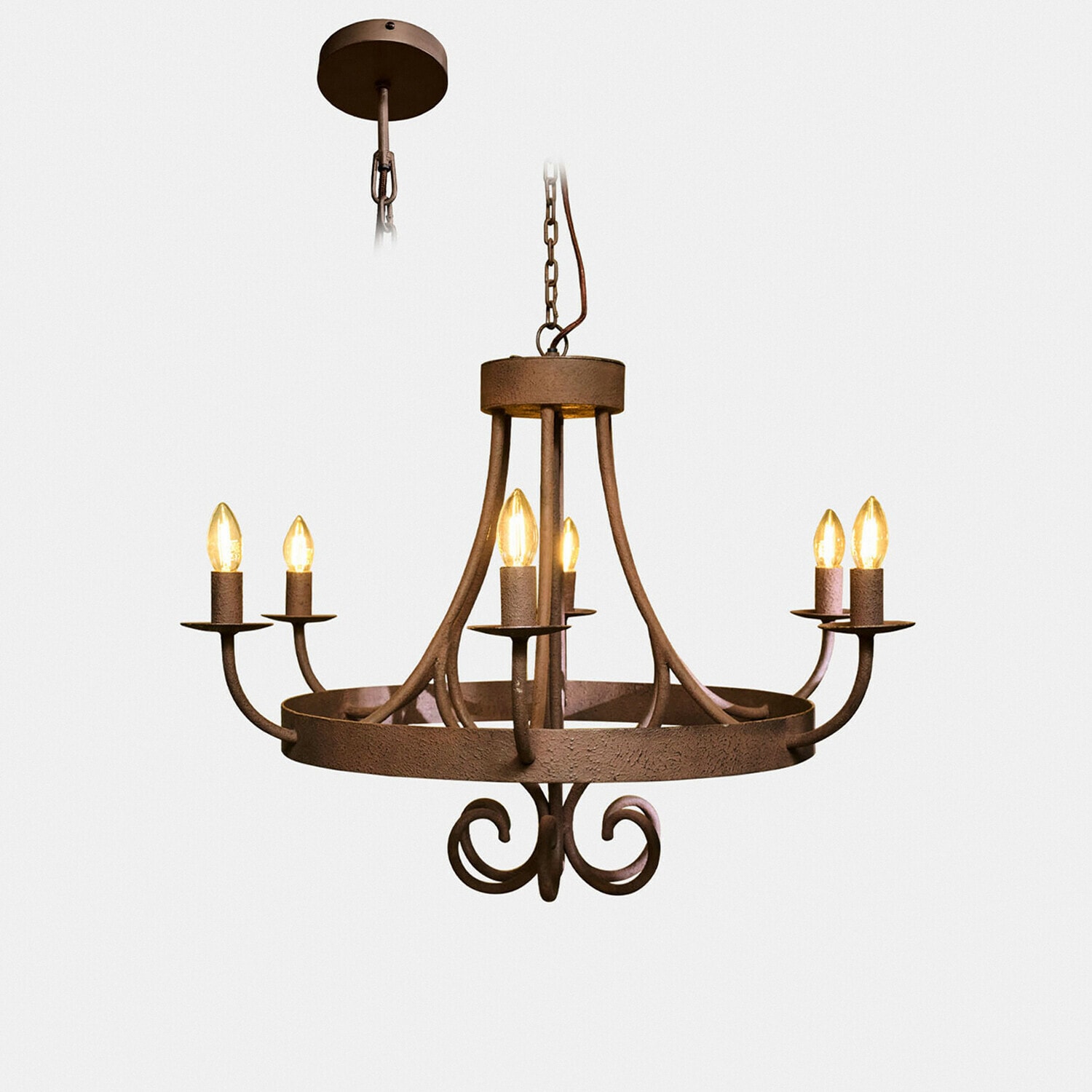 Kroonluchter Montarouse Rustieke metalen kroonluchter in roestkleur met zes lampen, vintage verlichting voor woonkamer