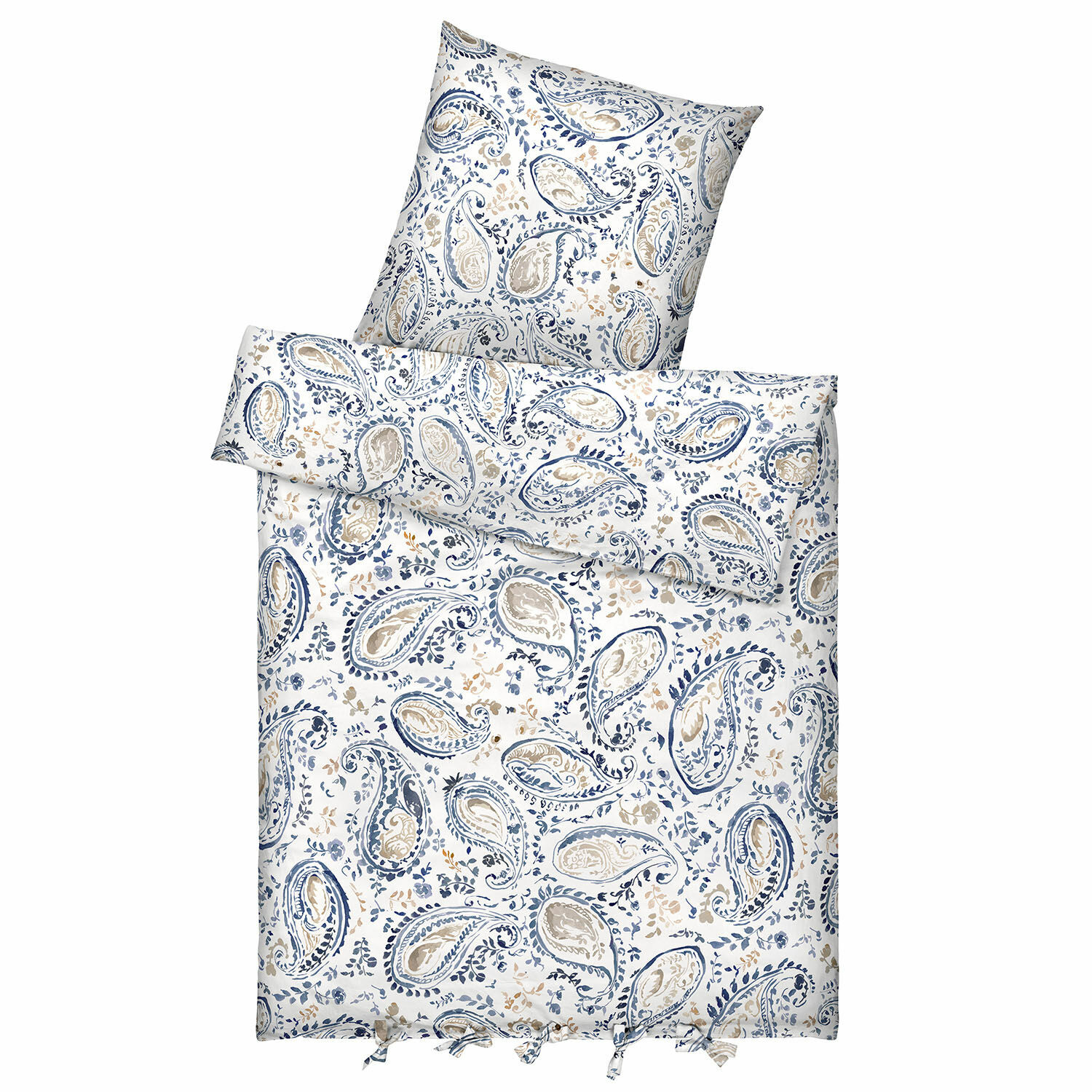 Beddengoed Le Perron Katoenen beddengoed met blauw-beige paisley patroon op witte achtergrond, zacht en decoratief