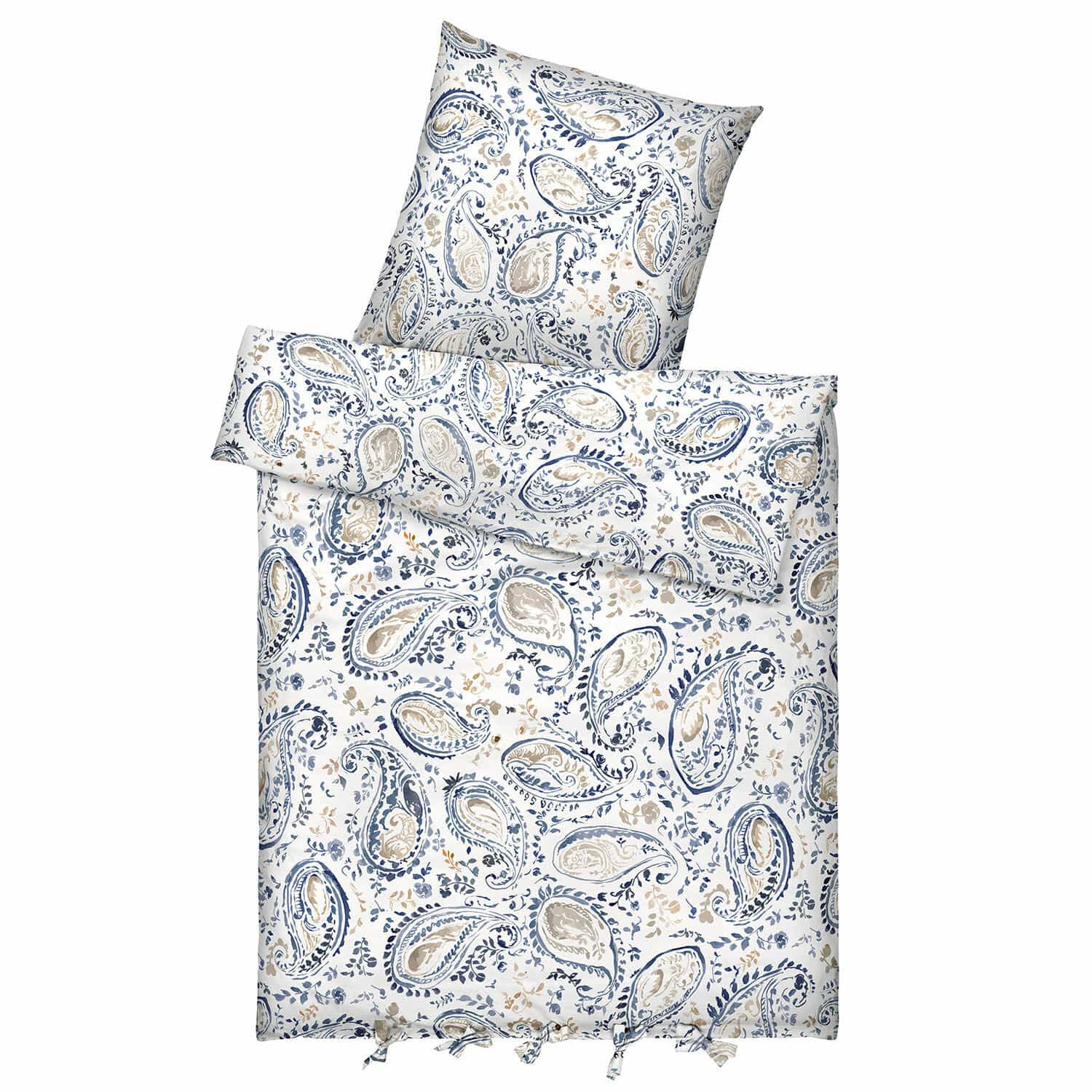 Beddengoed Le Perron Katoenen beddengoed met blauw-beige paisley patroon op witte achtergrond, zacht en decoratief