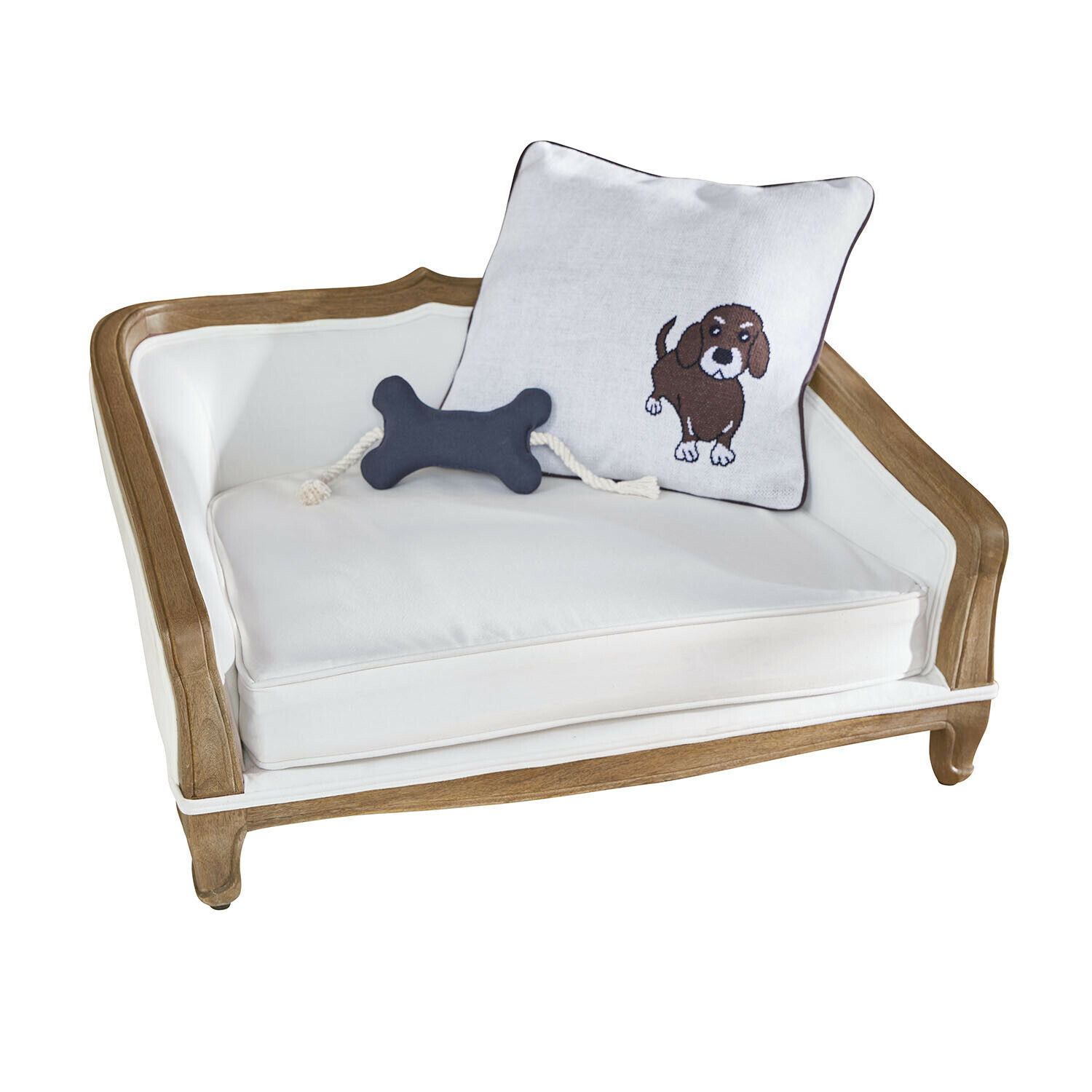 Huisdierenbank Whisley Witte gestoffeerde hondenmand met houten frame, kussen met hondenprint en bot speeltje