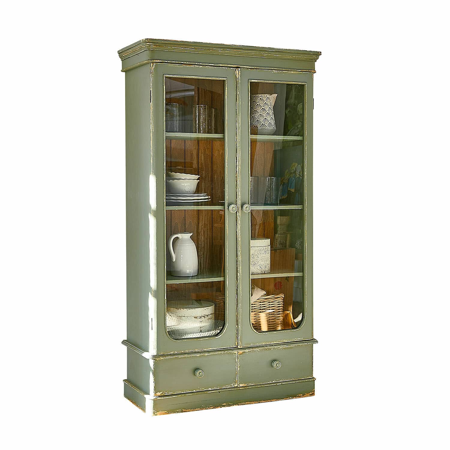 Vitrine Cassanet Vitrine en bois vert avec portes vitrées et tiroirs pour rangement dans le salon