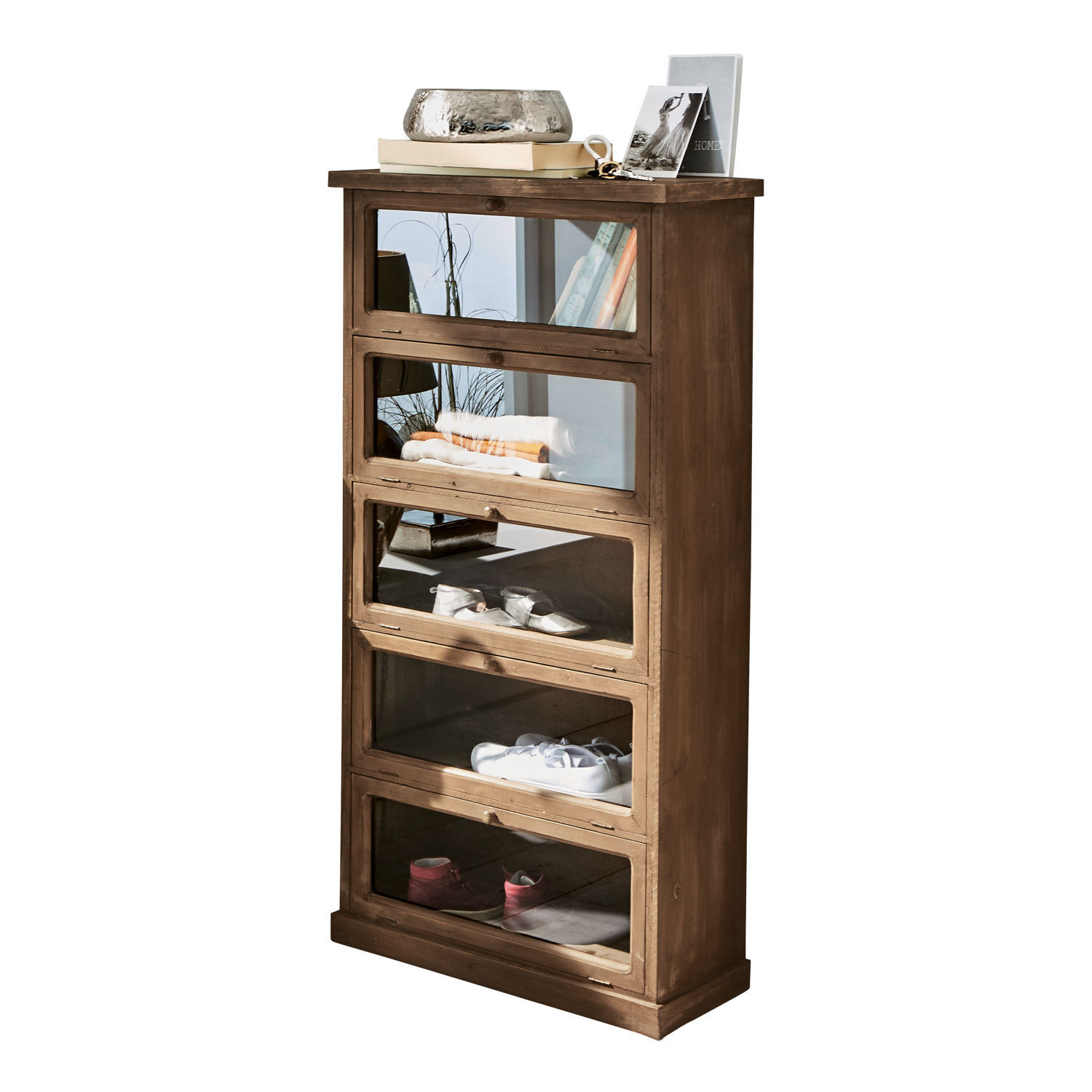 Commode Houghton Meuble à chaussures en bois brun avec cinq compartiments vitrés pour ranger les chaussures