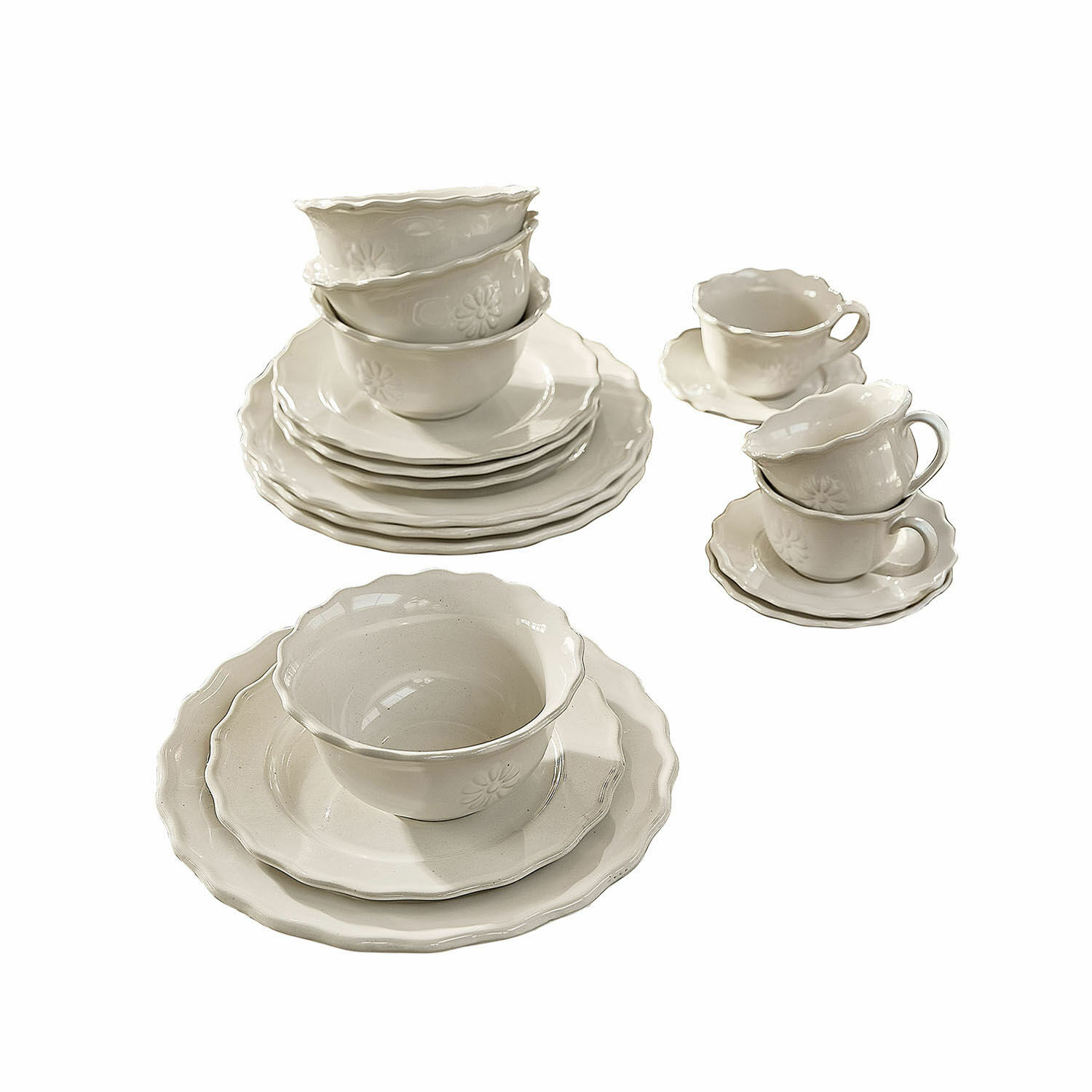 Service 30 pièces Mallevesse Service de vaisselle en céramique blanche avec bols et tasses ornés de motifs floraux délicats